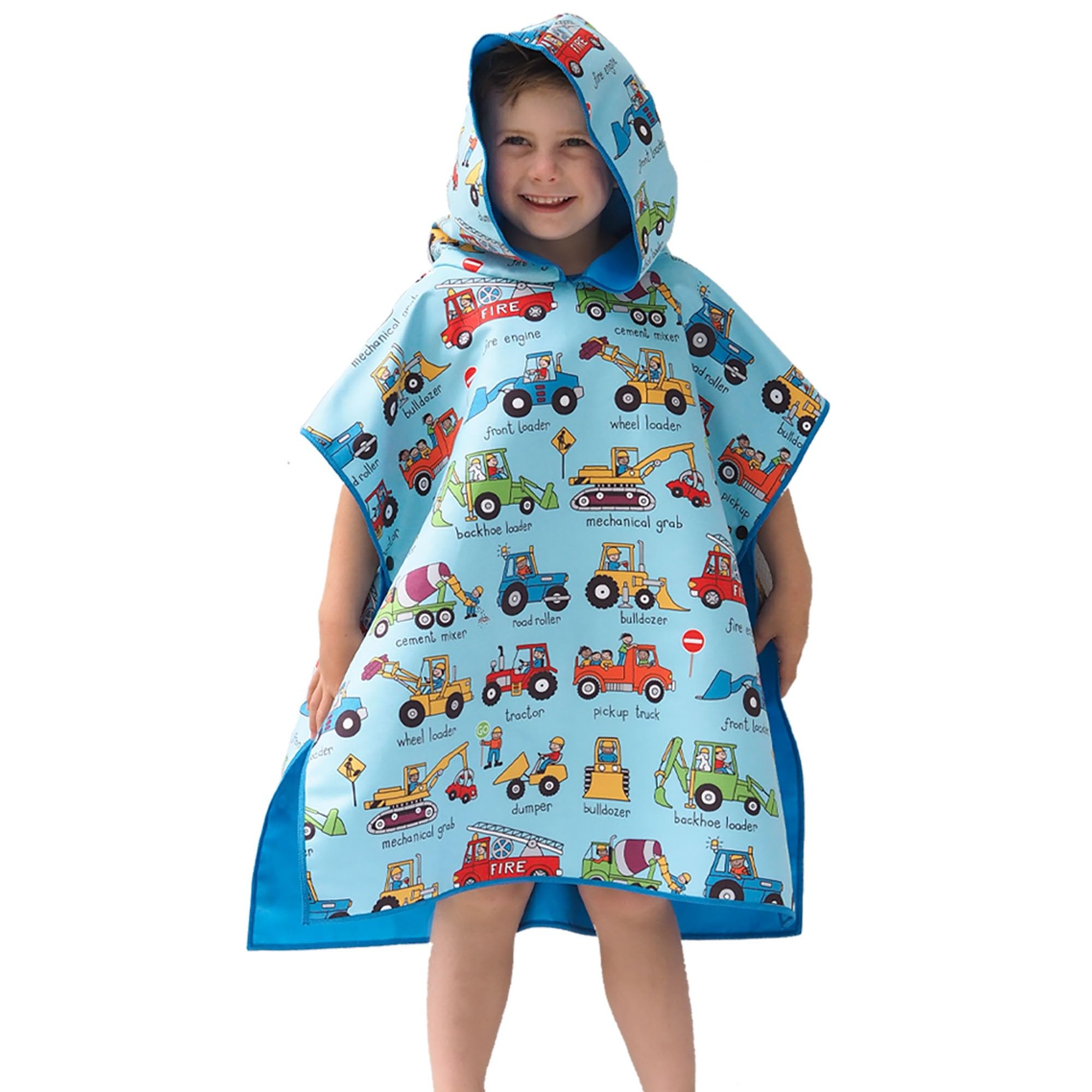 Tyrrell Katz Kids Trucks Hooded Poncho Towel, Blue, Microfibre, Quick Dry, Beach Swim Bath Changing Robe for Boys & Girls, Age 2-6