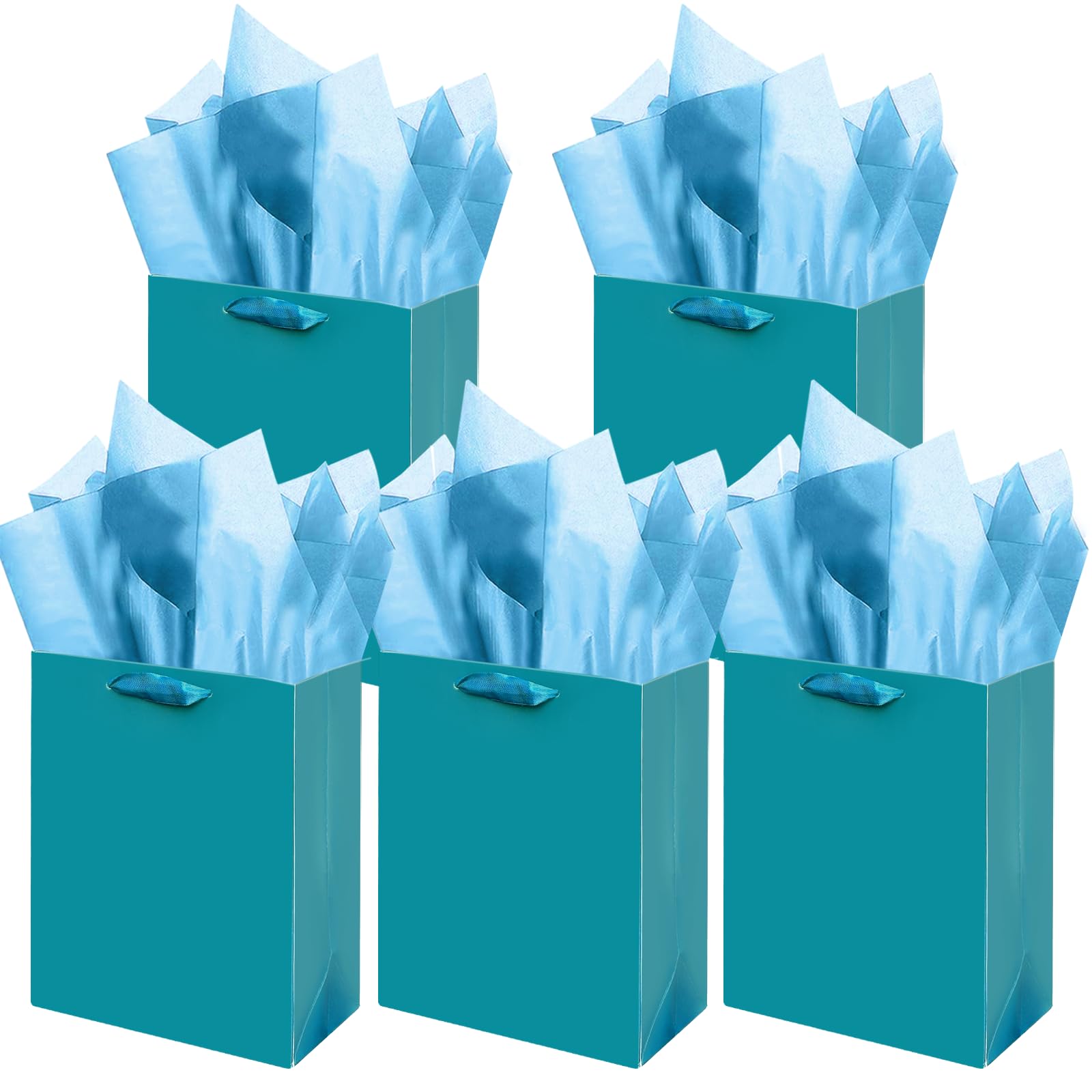 Gcardist Denim Blue Gift Bags with Tissue Paper for Wedding, Birthday, Party Supplies-7.9"x4.3"x9.6" Medium Size Cardboard Gift Bags（5pcs Bags +10pcs