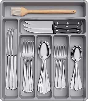 Lifewit Cutlery Drawer Organiser, Plastic Cutlery Tray for Kitchen Drawer, Utensil Flatware Silverware Holder Divider for Spoons Forks Knives Tableware, 7 Compartment, GreyRecycled Claim Standard 100