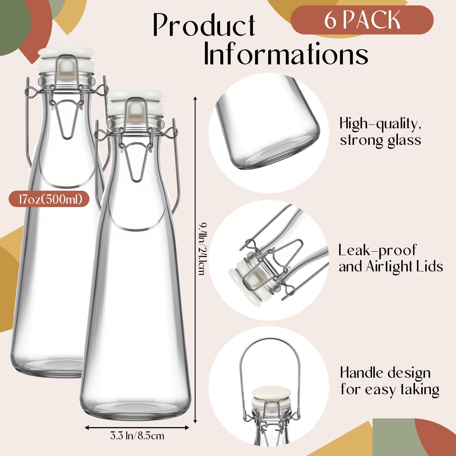 Baderke 6 Pcs 16oz Flip Top Glass Bottles Clear Swing Top Bottles with Airtight Lids Conical Brewing Containers with Caps and Handle for Mead Wine Beer Oil Vinegar, Brewing and Fermenting