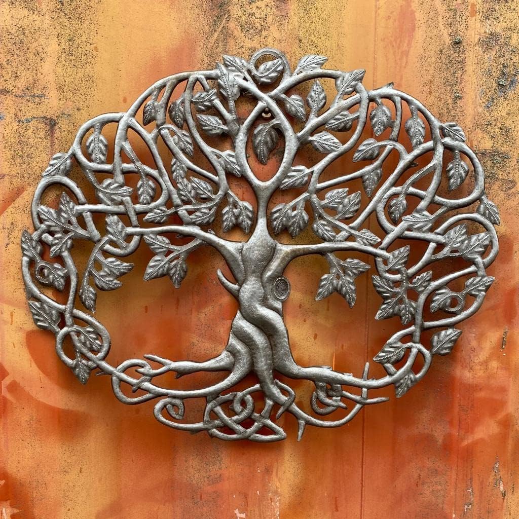 It's Cactus Fall Decor Celtic Trinity Knot Inspired Wall Hanging Tree of Life, Unique Metal Home Decor 17 x 23 Inches Oval, Steel Drum Art