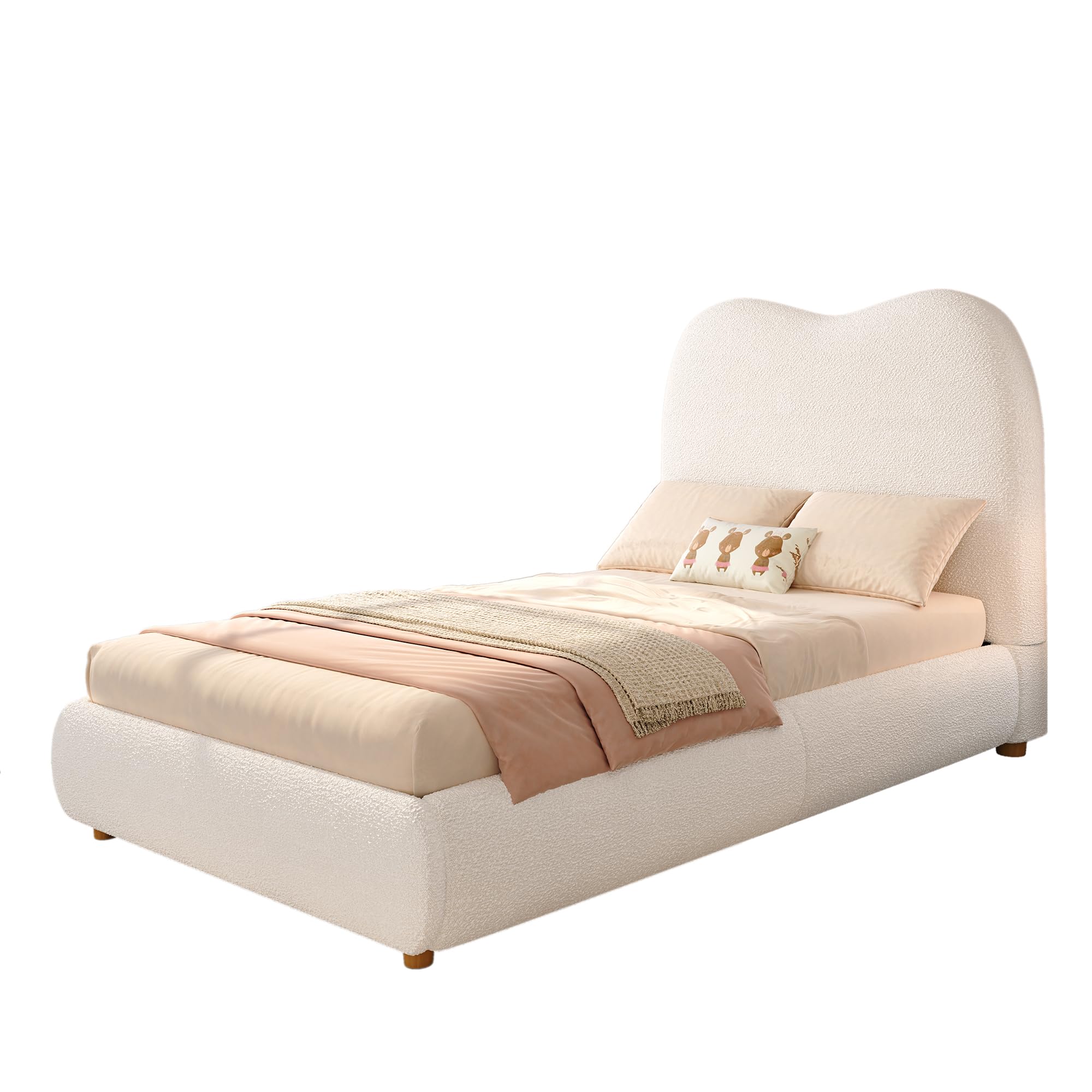 Letto Tessile 90x200cm con Sommier a doghe stabili e Struttura Letto Singolo fissa in metallo boucle mdf con cassone idraulico spalliera moderna camera casa Beige