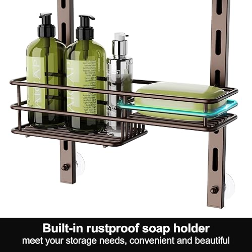 Miniatura 4 de Orimade Organizador de ducha ajustable de 5 niveles de bronce para colgar en el baño resistente al óxido con 4 ganchos cesta de ducha con soporte