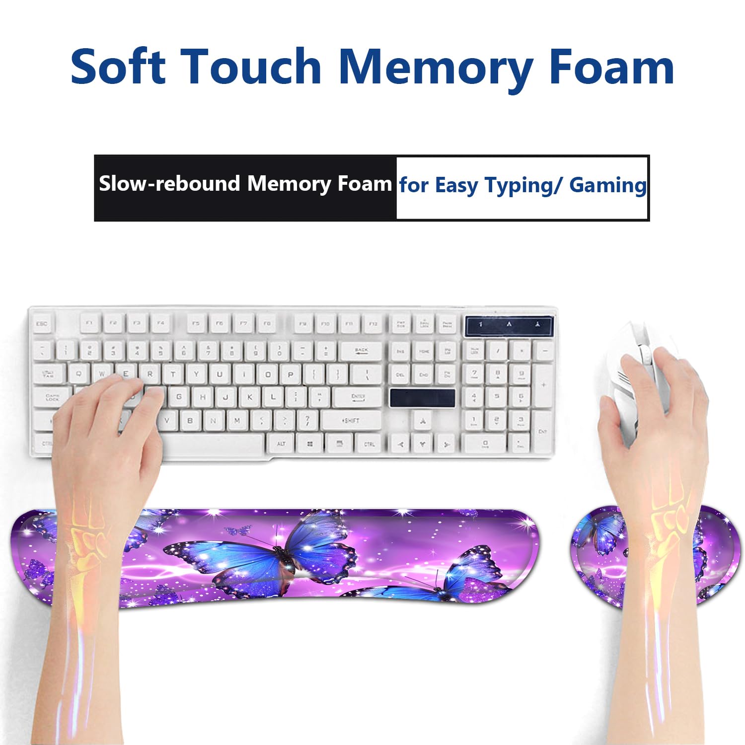 Großes Mauspad + Tastatur-Handgelenkauflage-Set, erweitertes Gaming-Mauspad (80 x 29 cm) mit rutschfestem Gummi, ergonomische Handgelenkauflage aus Memory-Schaum, blaue Schmetterlings-/Violett-Muster
