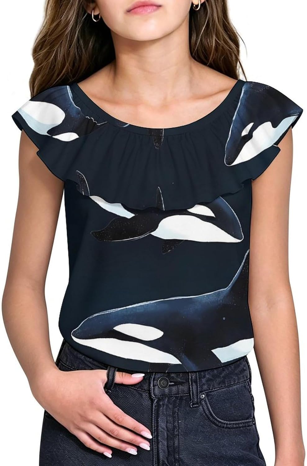 Orca Killer Whale Girls T-Shirts Top Ruffle Short Sleeve Blouse Casual Graphic Tees