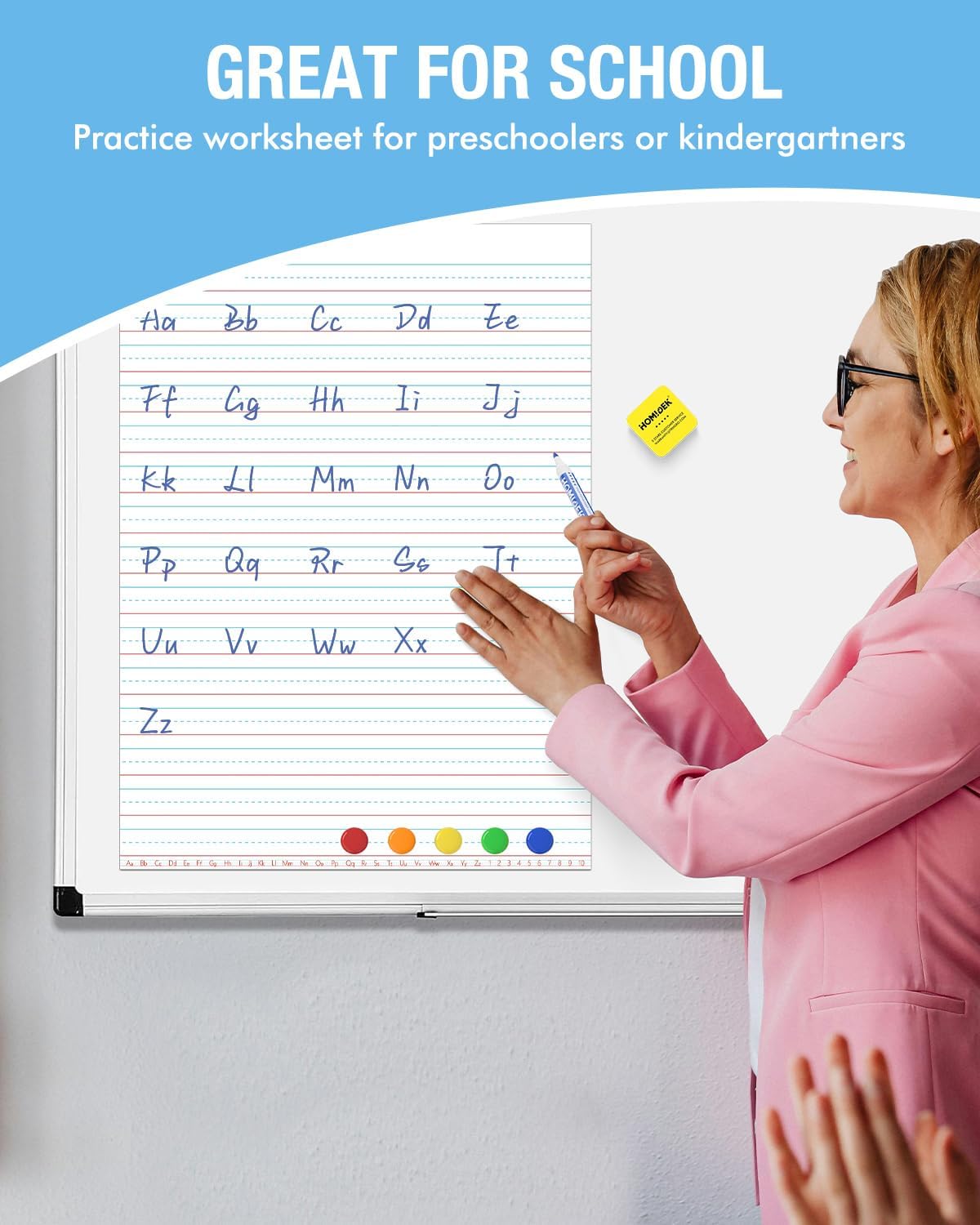 HOMiDEK Magnetic Handwriting Paper for Whiteboard - 17.5x24 in Dry Erase Writing Paper with Lines - Lined Notebook White Board with Markers, Magnet, Eraser