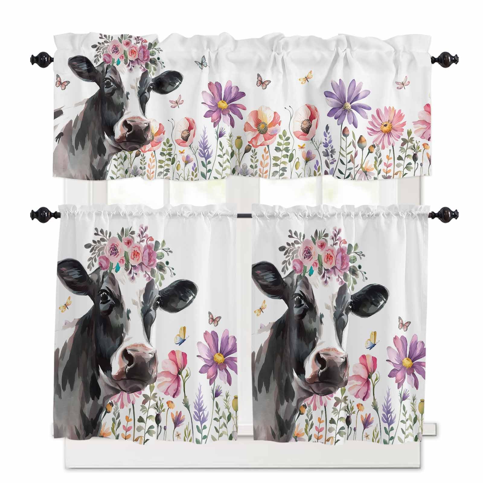 Cow Flower Kitchen Curtains 36 Inch Length,3 Piece Rod Pocket Small Half Tiers and Valance Set,Farmhouse Cattle Botanical Butterfly Floral Small Large Window Treatment Decor for Bedroom/Bathroom Sink