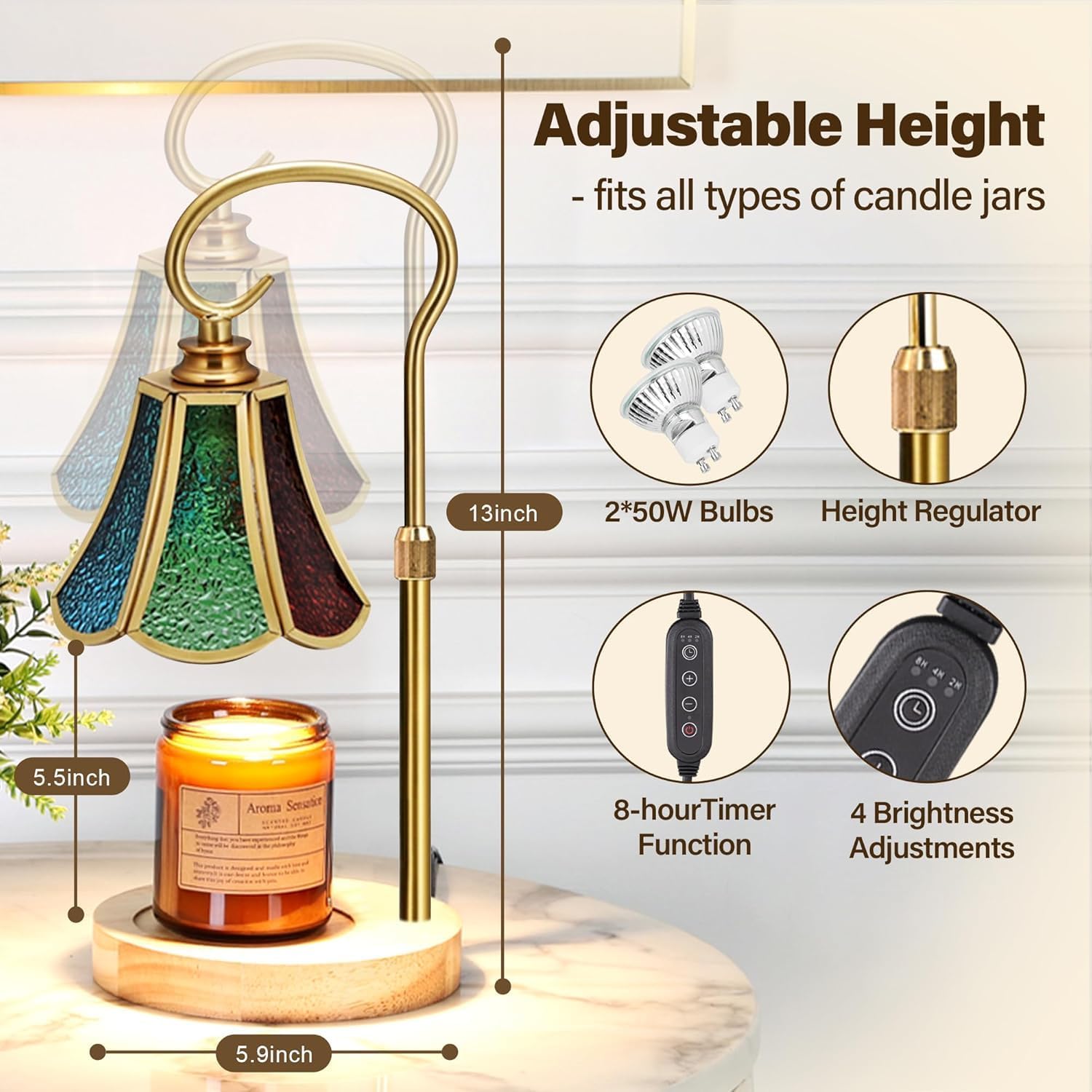 Handmade Vintage Candle Warmer Lamp with Adjustable Height, Dimmer & Timer, Glass Lampshade, 2 GU10 Bulbs Included, Electric Wax Melt Aroma Warmer for Home Décor