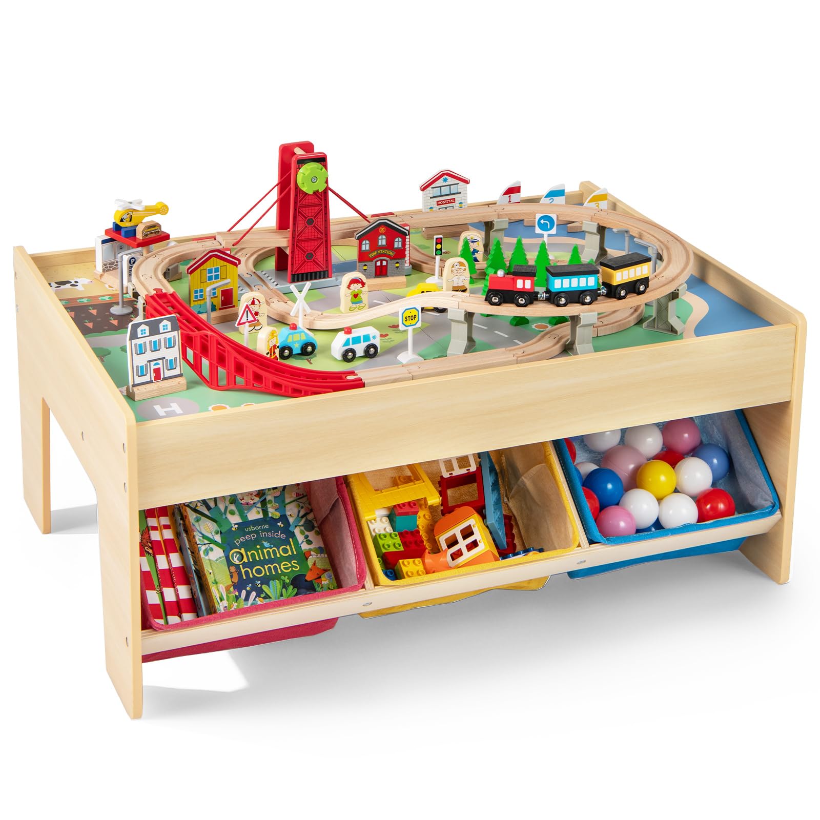 INFANS Train Table with Storage, 94 Pieces Wooden Kids Activity Toy Table Playset with 3 Foldable Boxes Reversible Detachable Tabletop, Tracks, Train, Railway, Gift for Toddler Boys Girls Ages 3+