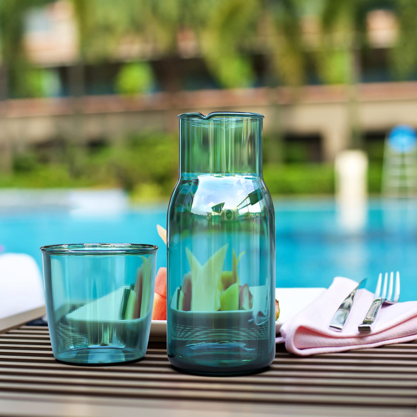 550ml Bedside Water Carafe Set with Tumbler Glass Blue Glass Carafe Night Water Carafe Glass Bottle for Bathroom Nightstand Decoration