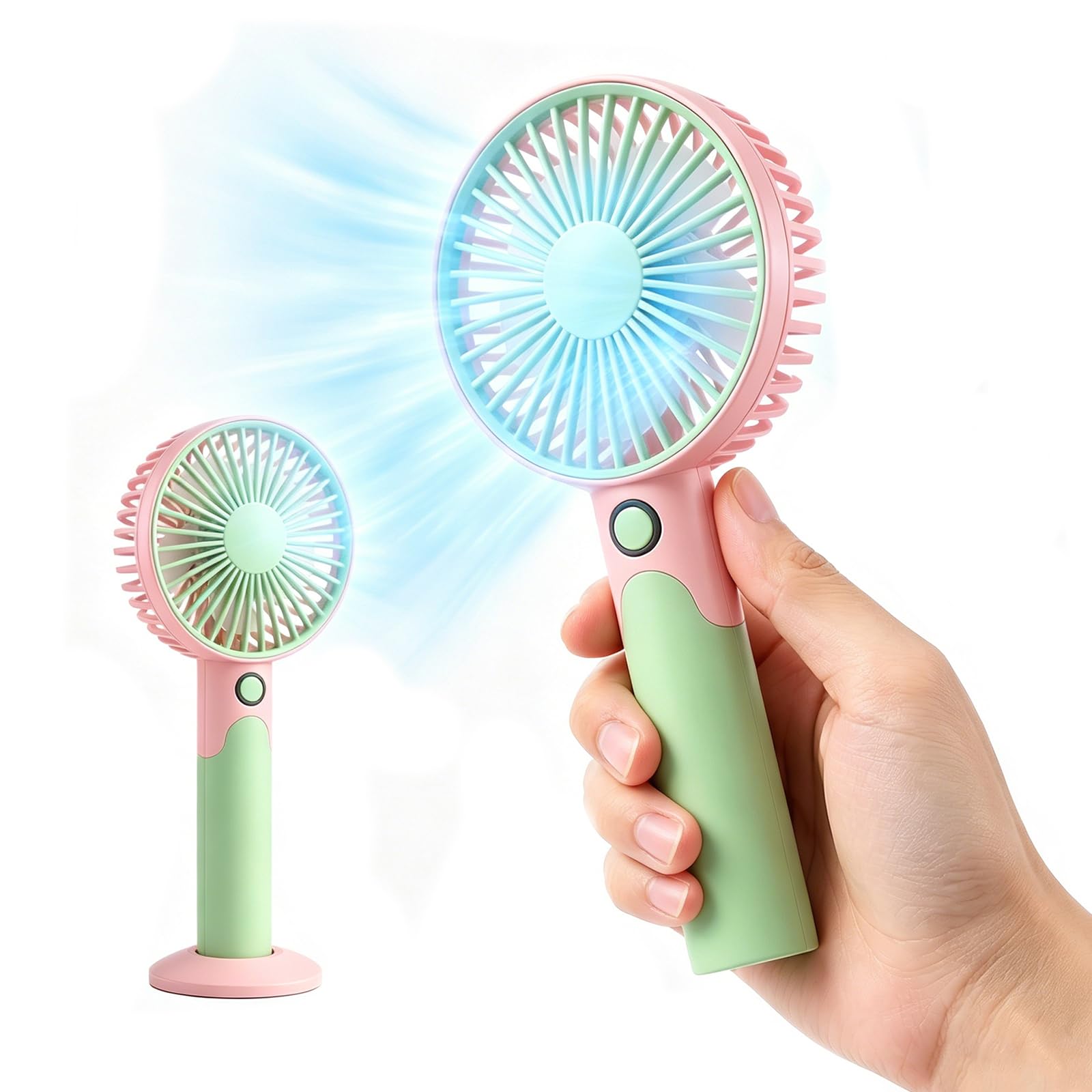JYPS 2 in 1 Handheld & Desk Fan, USB Rechargeable Pastel Color Mini Fan, 6 Speed Super Powerful, Portable Personal Cooling Fan with Stand Base for Office Travel Outdoor Home(Pink+Green)