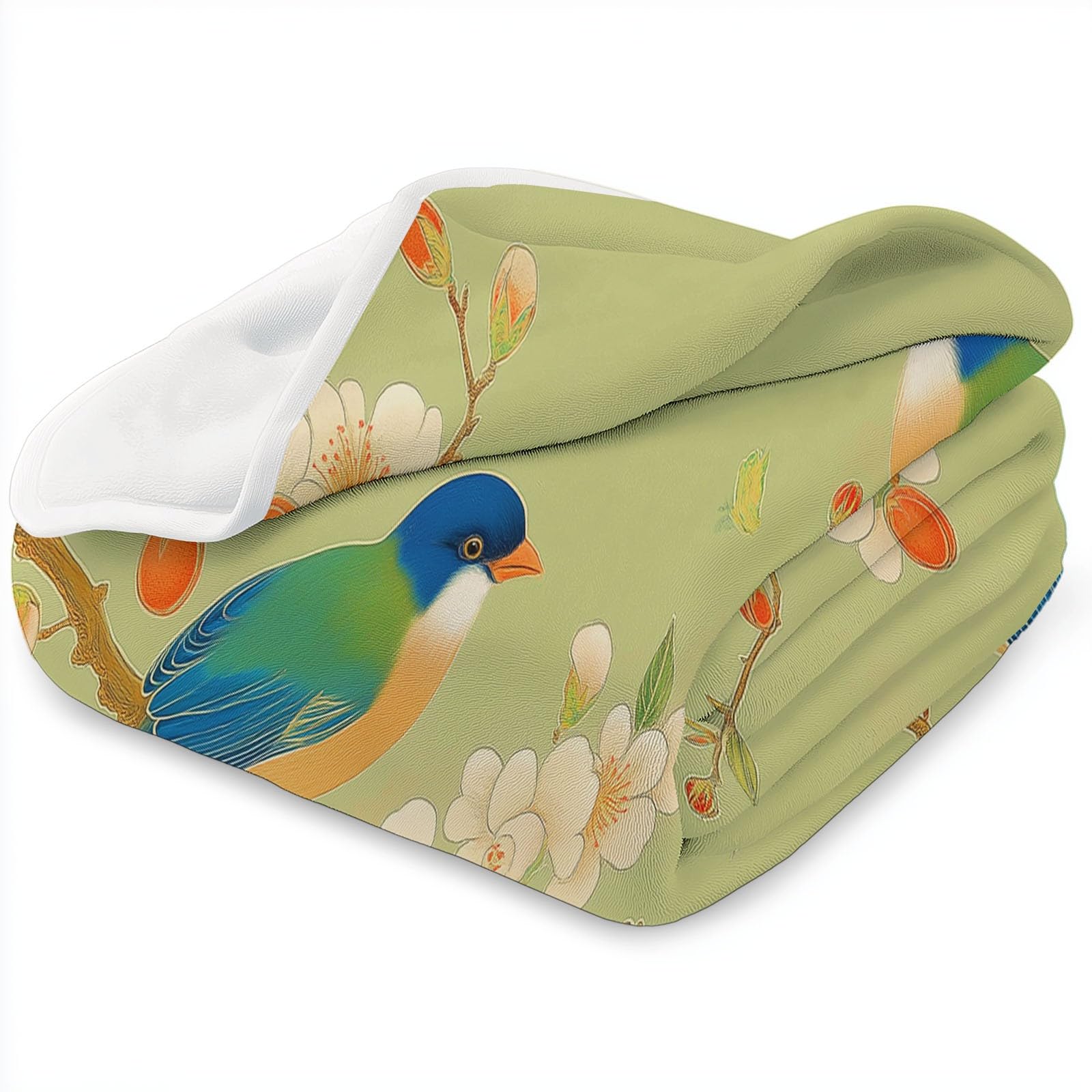 Koc polarowy z mikrofibry 220 x 240 cm, rośliny wiśni ptaki nadruk 3D miękki pluszowy koc na łóżko dla dorosłych i dzieci, kemping, żółto-zielony