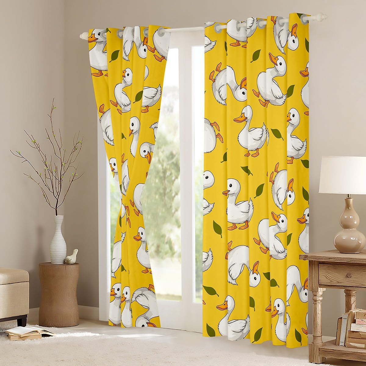 Manfei Cute Ducks Blackout Curtain White Ducks Print Window Drapes for Kids Boys Girls Farm Animals Theme Yellow Window Treatments - Image 3