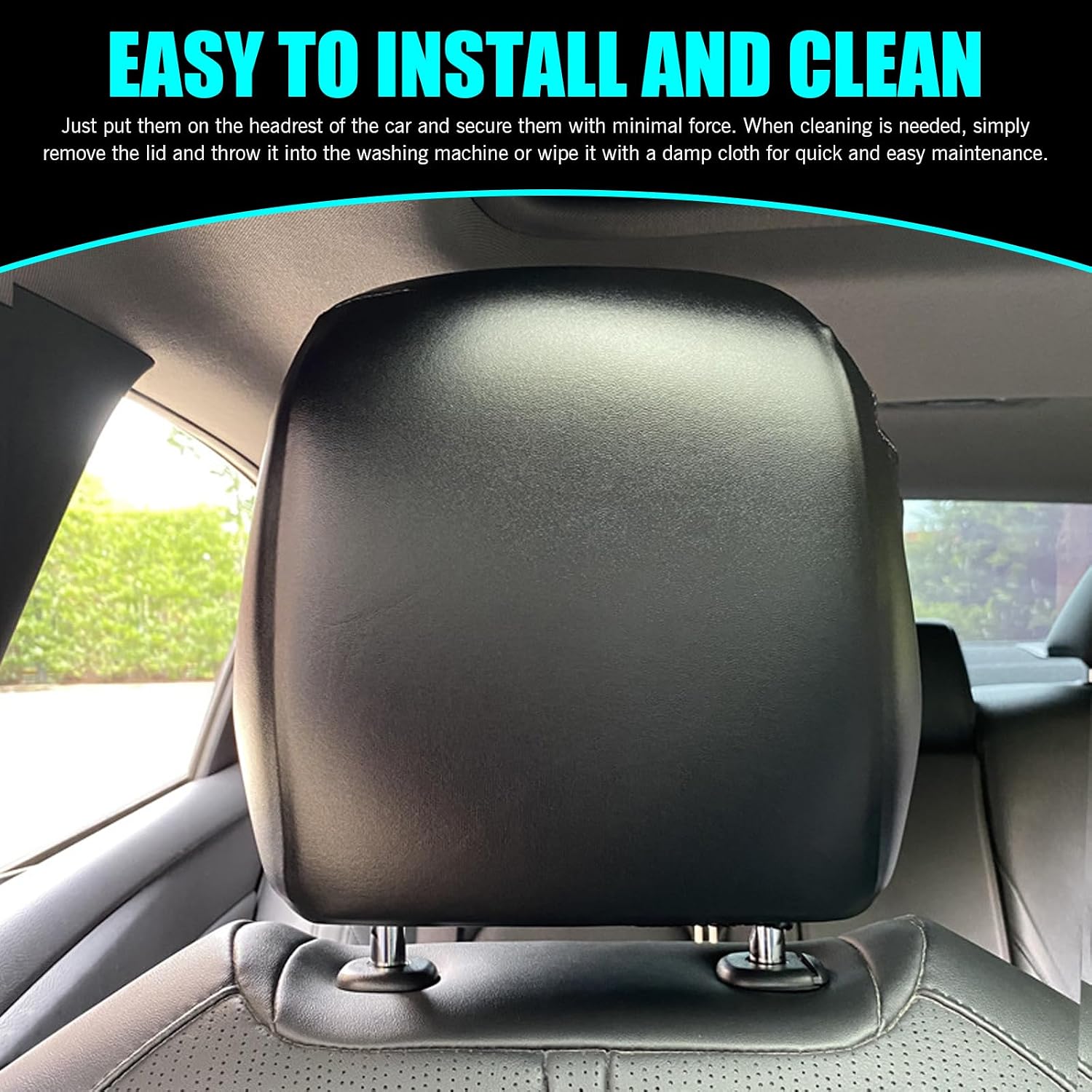 Shakas 2 PCS Cars Headrest Covers, Full Wrap-around Non-marking Fit Anti-scratch Protector, Waterproof Leather Portable Reusable Elastic Dust Cover, for Most Cars Seat Headrest Accessories (Black #M)