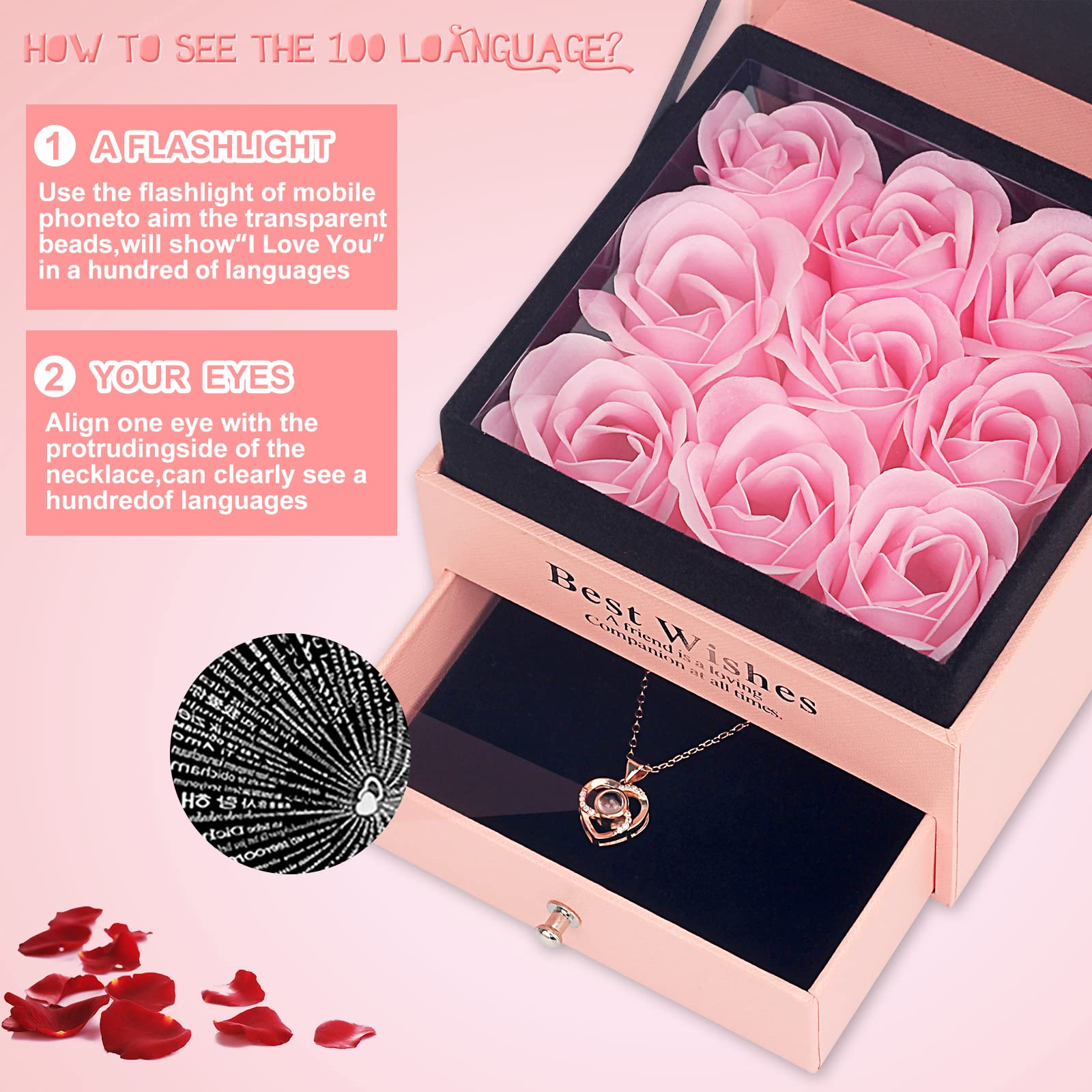 Ozrpn Eternal Rose,Regalo Originale per Donne,Rosa Eterna con I Love You, Collana, Confezione Regalo per la Festa della Mamma, Compleanno, Anniversario, Regalo per Mamma, Fidanzata, Moglie(Pink)