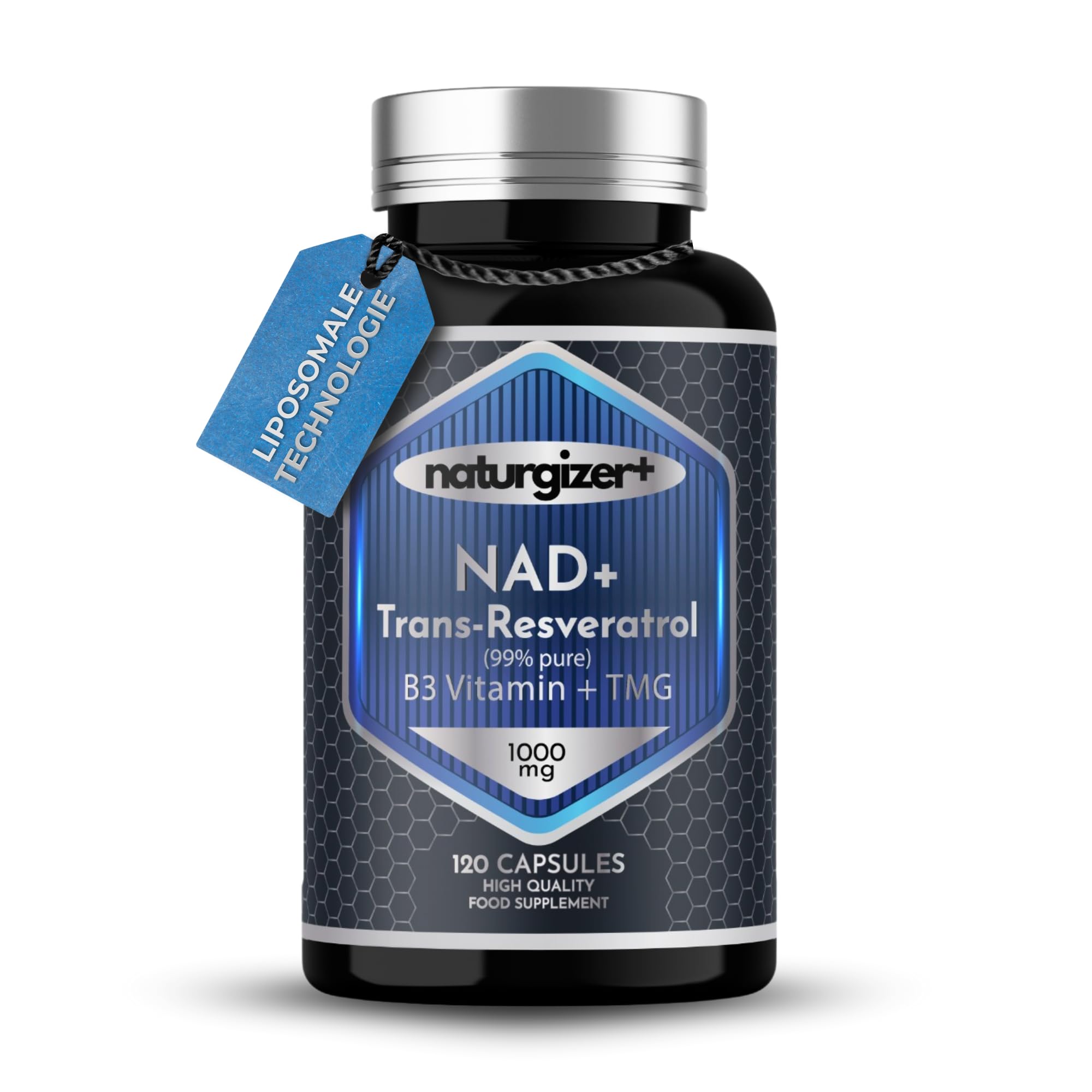 NAD Plus (echtes NAD+) – NMN Alternative mit Trans-Resveratrol, Niacinamid & Betain (TMG), Komplex 4+1 mit liposomaler Technologie, 120 Kapseln | Naturgizer+
