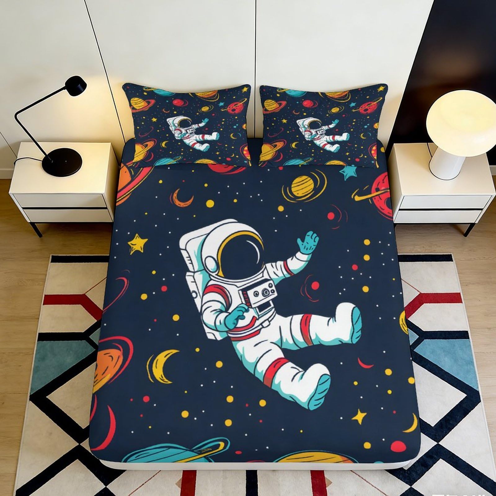 3D Printed Space Astronaut Fitted Sheet Microfiber Durable Breathable Cosmic Planets Mattress Cover for Bedroom Dorm Dormitory Guest Room Protection 120x200x25cm