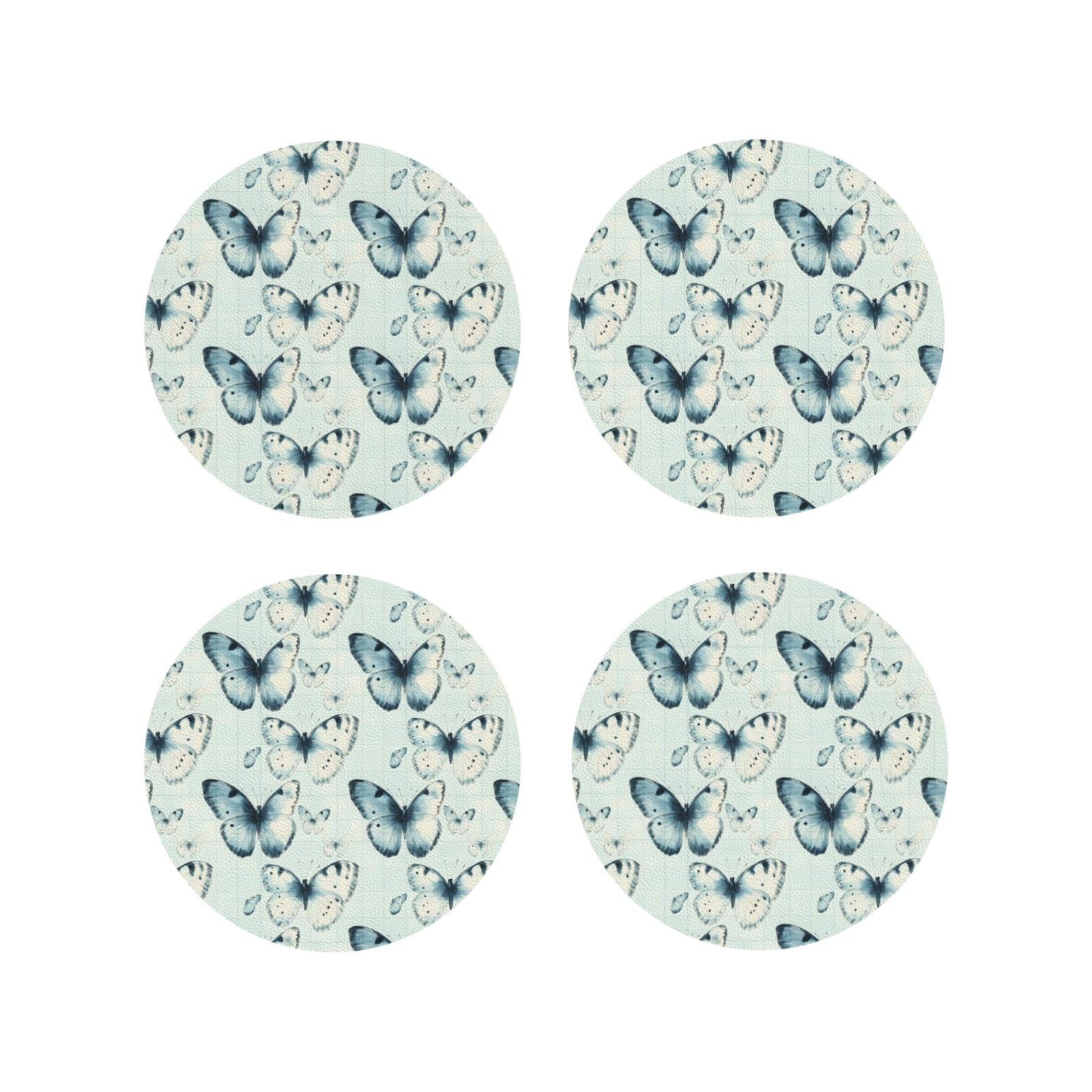 Leather Coasters Set of 4 - Checkered Butterfly Print Lightweight Drink Coasters for Desk
