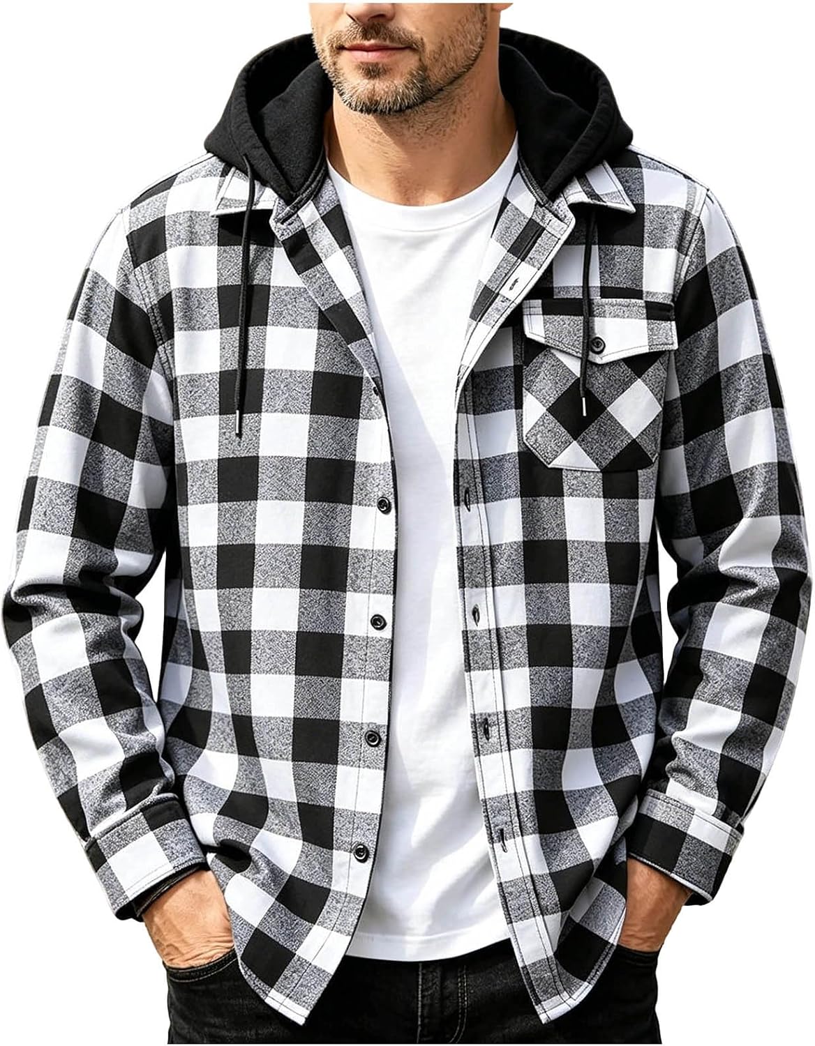 Men's Plaid Hooded Shirt Long Sleeve Shacket | Plaid Style, Attached Hood, Button Down Front, Chest Pocket, For Layering, Streetwear, And Fall Wear