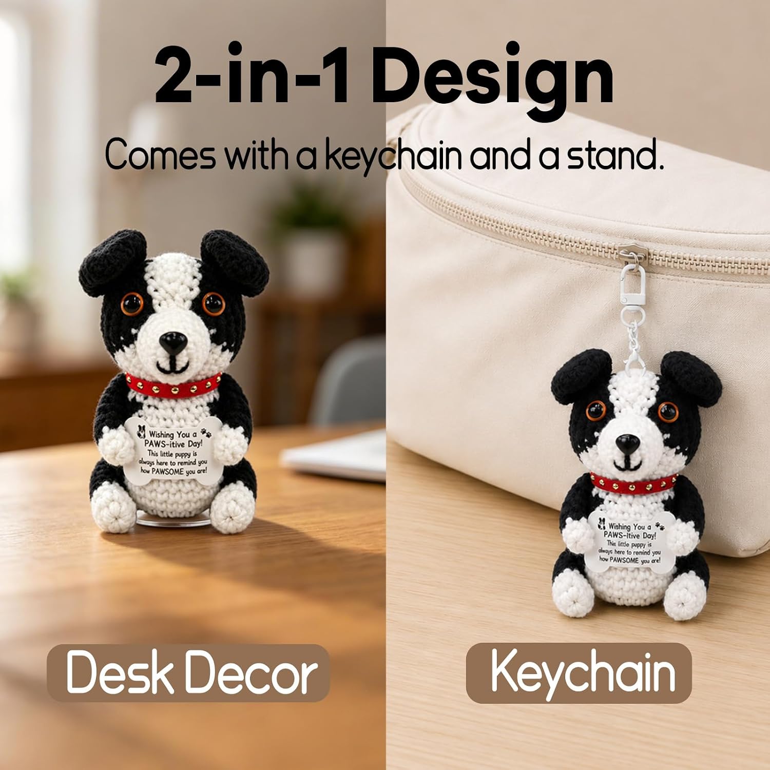 Crochet Dog Emotional Support Positive Crochet Animal – Border Collie with Encouragement Card and Clear Stand, Inspirational Gifts, Desk Ornament for Friends Coworkers