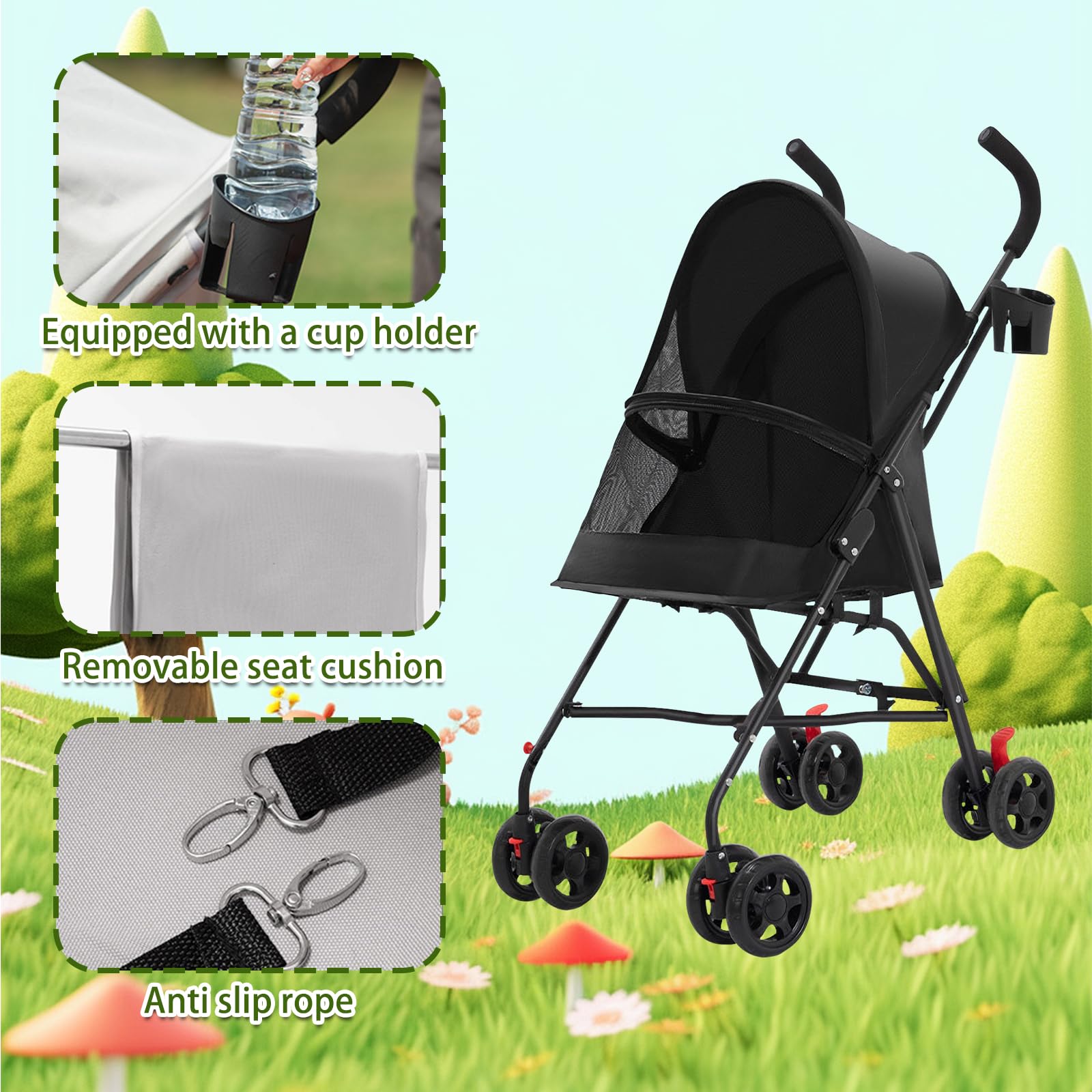OHMG Poussette pliante pour chiens,Poussette pour chien et chats,4 roues,Poussette portable pour animaux domestiques,Légère,Pratique,Amovible,jusqu'à 15 kg