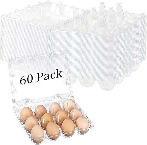 Paquete de 60 cajas de huevos de plástico transparente para 12 huevos, organizador de huevos reutilizable con diseño apilable para almacenamiento en