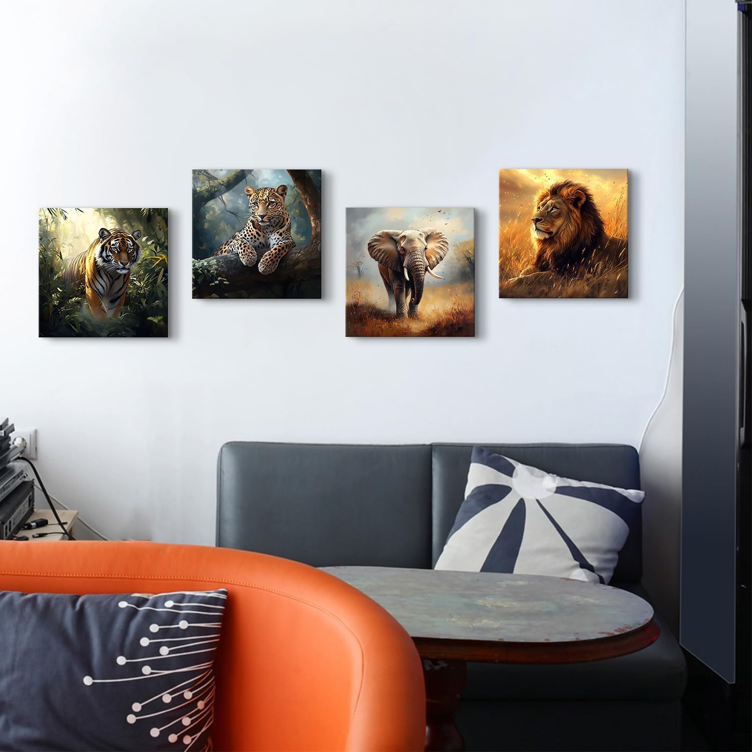 Wild Animal Lion Wall Art Wildlife Safari Wall Decor for Nursery Vintage African Elephant Canvas Pictures Tiger Panther Posters Jungle Forest Animals Paintings Artwork Living Room Decoration 12x12" 4P