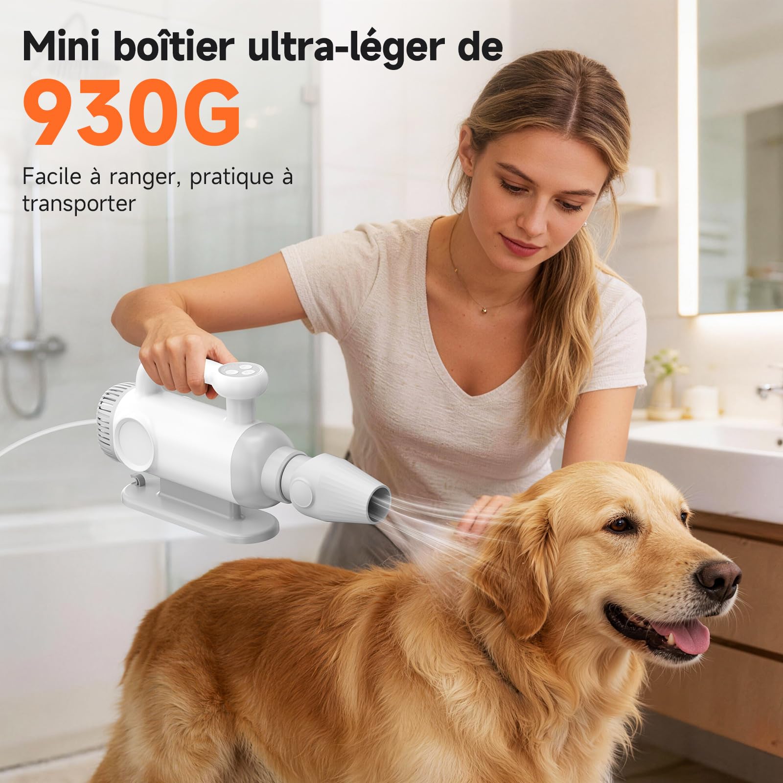 Séchoir chien 2200W, ions négatifs | 4 moteurs, 110 000 tr/min, 3 vitesses/4 températures, 3 buses, anti-surchauffe
