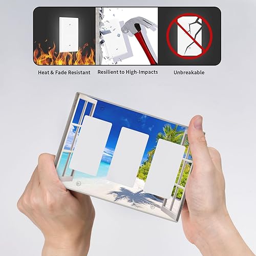 Miniatura 127 de Vista de ventana, isla tropical, playa, palmeras, cielo soleado, cubierta de interruptor de luz de palanca individual, placa decorativa de pared