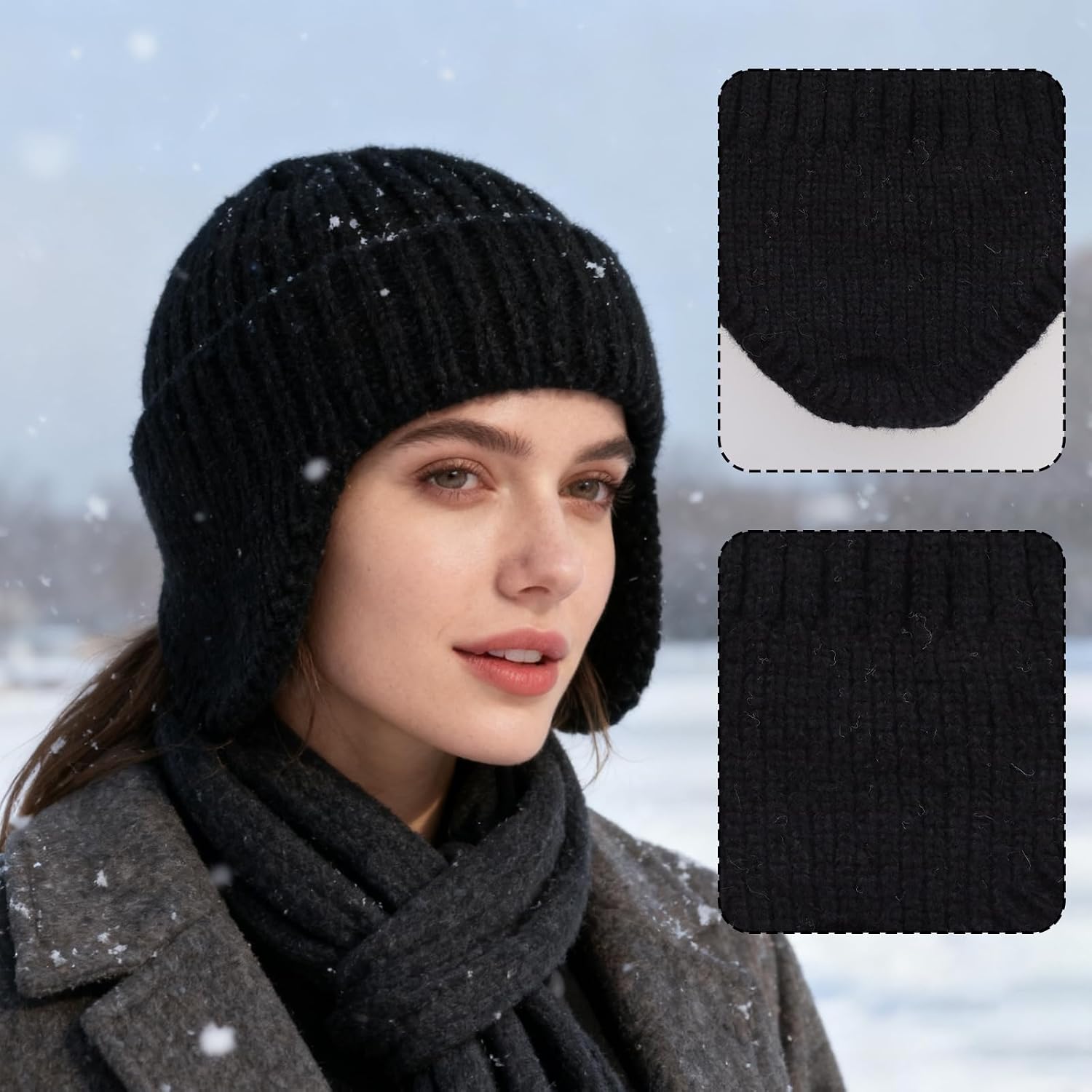 Knitted Beanie Earflap Hats Black Soft Winter Hats Ear Covers Warm Slouchy Stretchy Knit Skull Cap for Men Women image 3