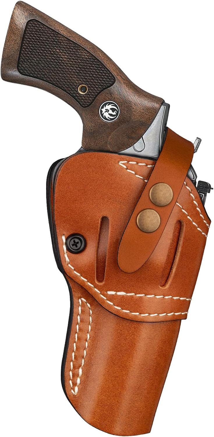 Premium Leather Revolver Holster for Ruger GP100/Speed Six, S&W Model 10 66 686 629 586 Classic 10 19, Taurus 65 66 627, Colt Python 4.0/4.25 Inch & Similar Frame, Adj. Retention, Ambidextrous, Brown