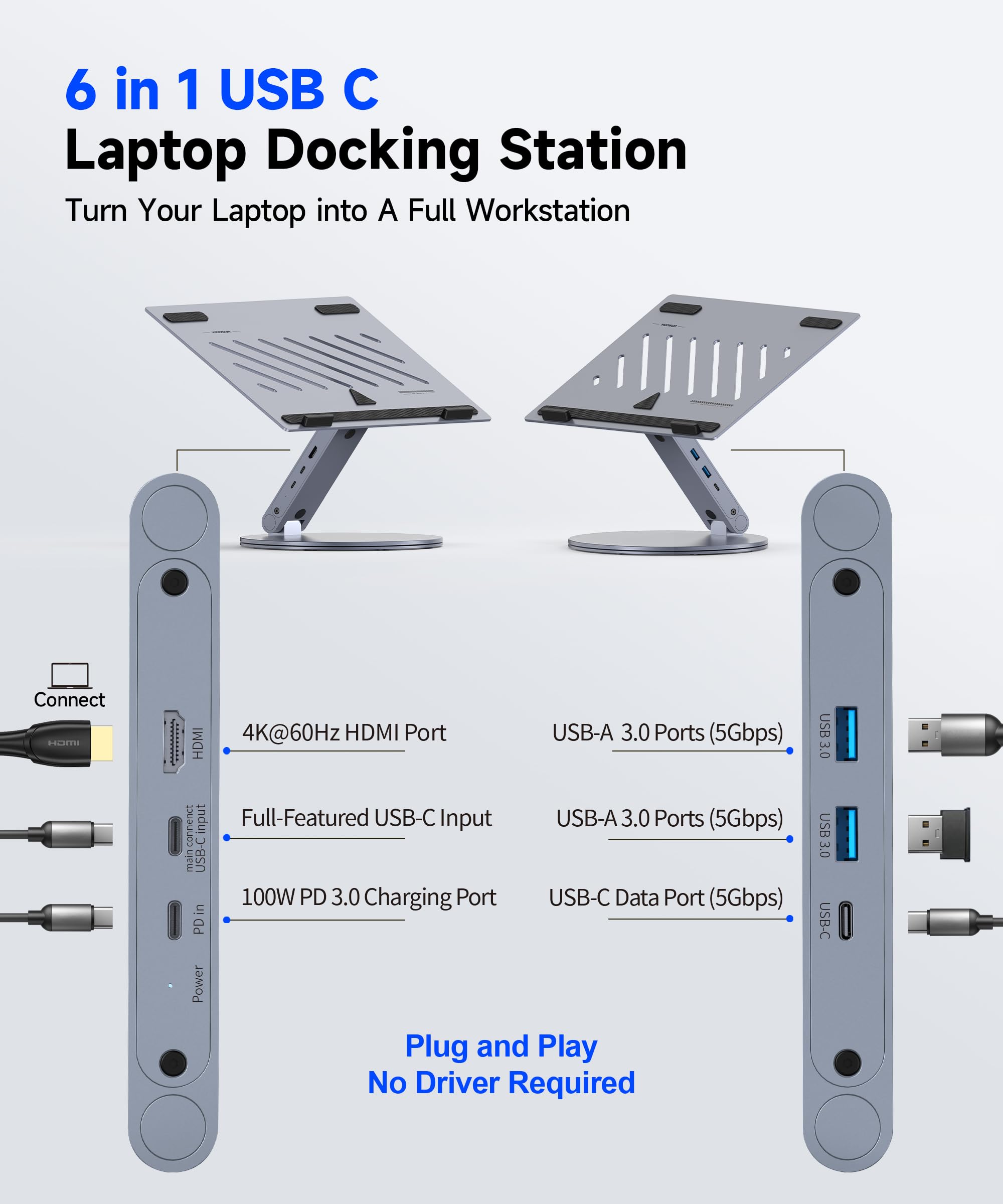 YICOSUN Supporto da scrivania per computer portatile, girevole a 360° e regolabile in altezza, ergonomico con prese d'aria di raffreddamento in alluminio, per MacBook, Dell, Lenovo da 10 a 16 pollici