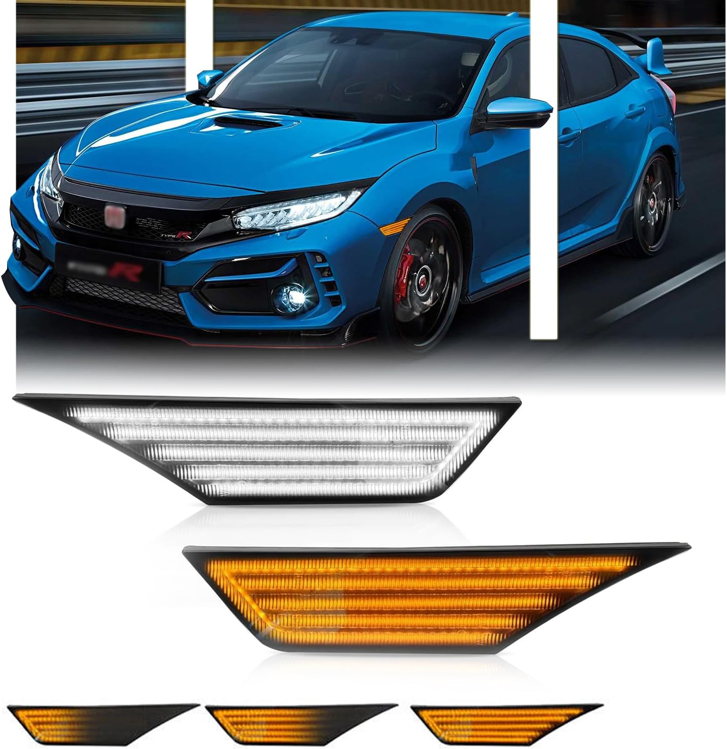 2 PCS LED Side Marker Lights Assembly for Honda Civic 2016-2021 10th Gen Sedan Coupe Hatchback, Sequential Front Side Indicator Fender Lamp, Amber Turn Signal White Position Lamp, Accessories