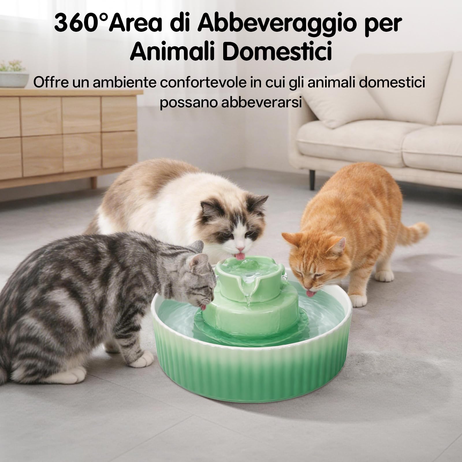 Fontanella per Gatti Ceramica, 2.1L Fontana per Gatti ceramica, Silenziosa con Filtro ai Carboni Attivi, per più animali domestici, colore sfumatura verde