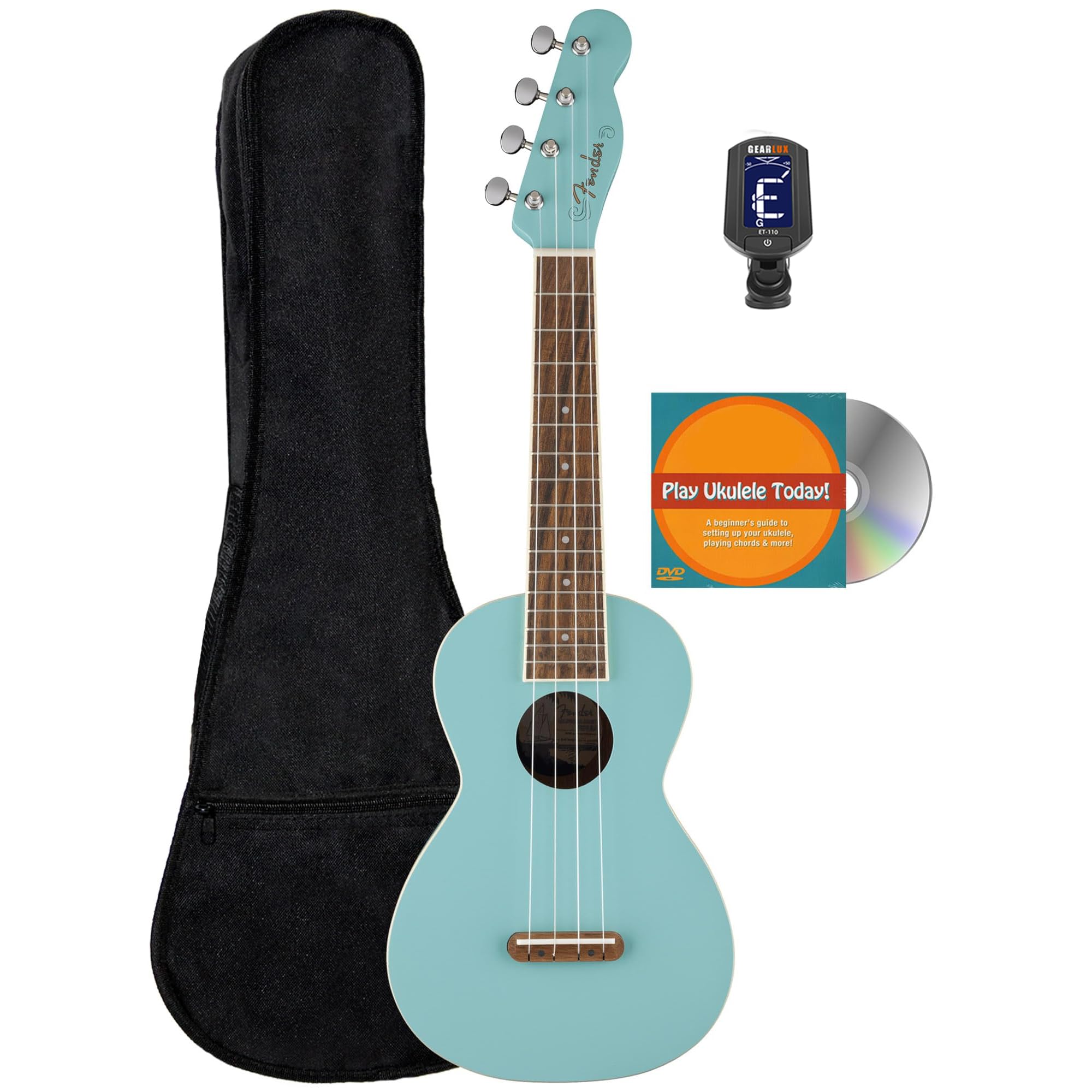 Fender Monterey Concert Ukulele - Daphne Blue Bundle with Gig Bag Tuner and Austin Bazaar Instructional DVD