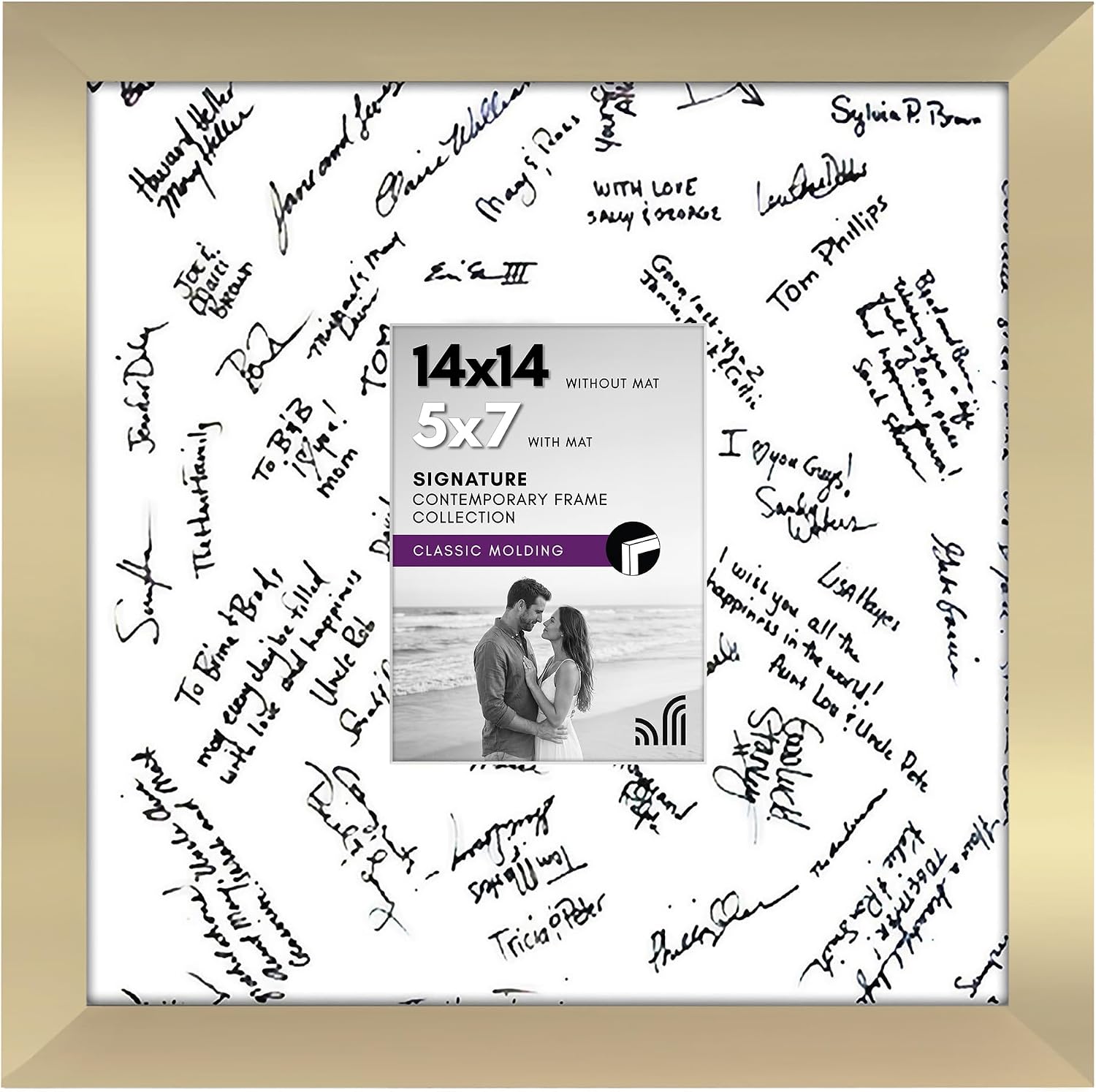 Americanflat 14x14 Wedding Signature Frame with Shatter-Resistant Glass - Use as 5x7 Frame with Mat or Display 14x14 Photos Without Mat - Signature Collection - Autograph Frames for Wall - Gold