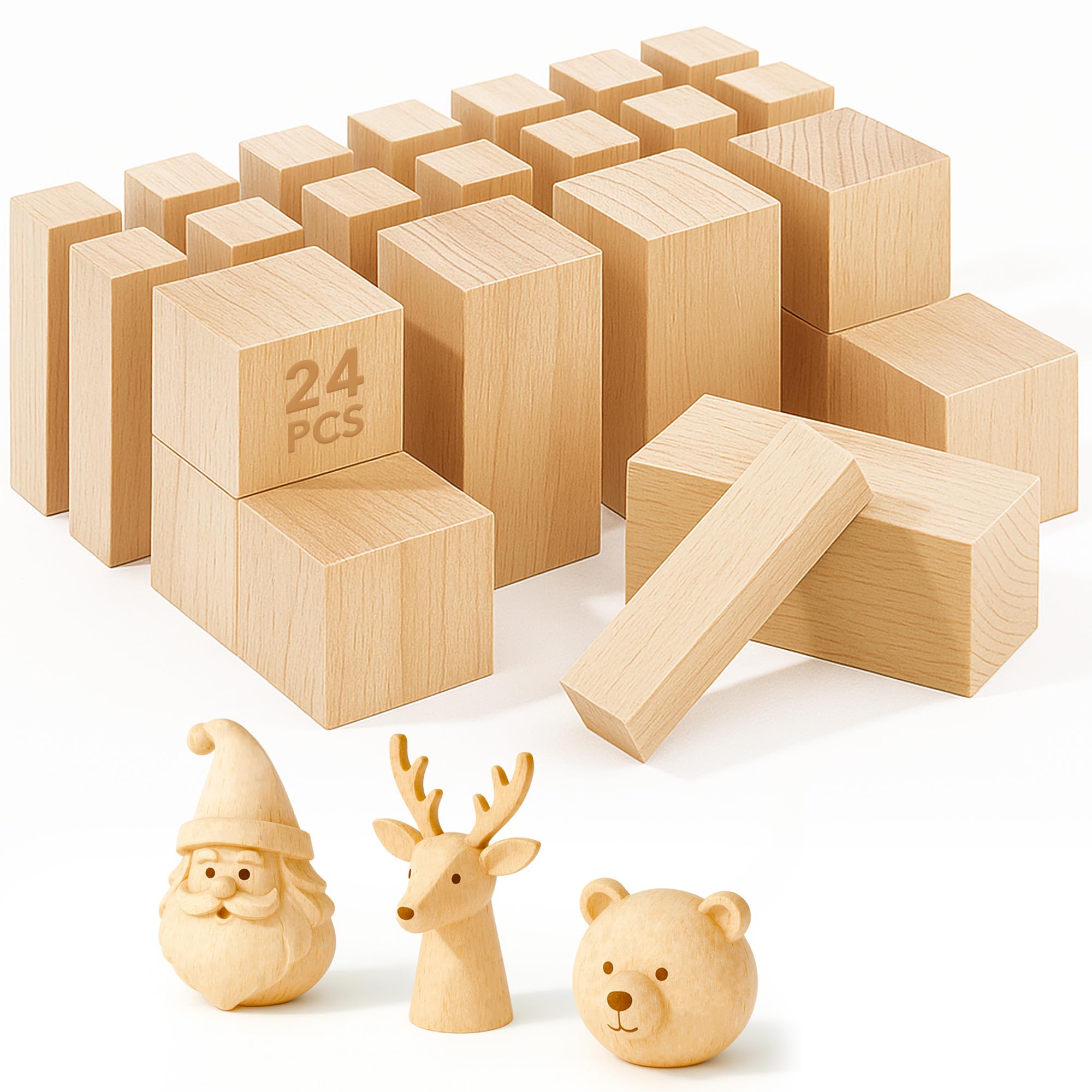 24Pcs DIY Basswood Carving Blocks: Unfinished Soft Wood Block in Three Sizes Bass Wood Blocks for Carving Whittling and Sculpture Fit Crafting Hobbyists Beginners and Creative Artists — image 1