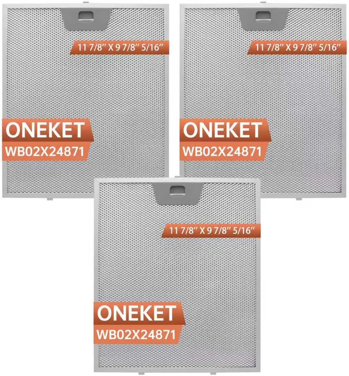 GE Range Hood Filter Replacement WB02X24871-3 Pack by oneket, 11-7/8"×9-7/8"×5/16" Metal Grease Filters, Compatible with GE JVW5361EJ1ES JVW5361EJ2ES JVW5361SJSS JVW5361BJ1TS