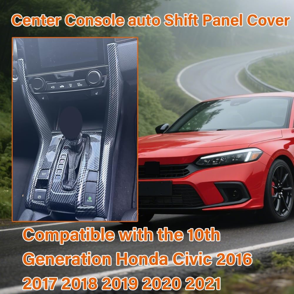 Carbon Fiber Style Center Console Automatic Gear Shift Panel Cover Compatible with Honda Civic 10th Generation 2016 2017 2018 2019 2020 2021 Automotive Interior Accessories (4 Pcs)