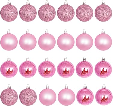 Pack of 24 Pink Christmas Tree Baubles, 3 cm Pink Christmas Balls, Plastic Christmas Baubles for Tree Decoration, Party, Festival, Wedding, Home