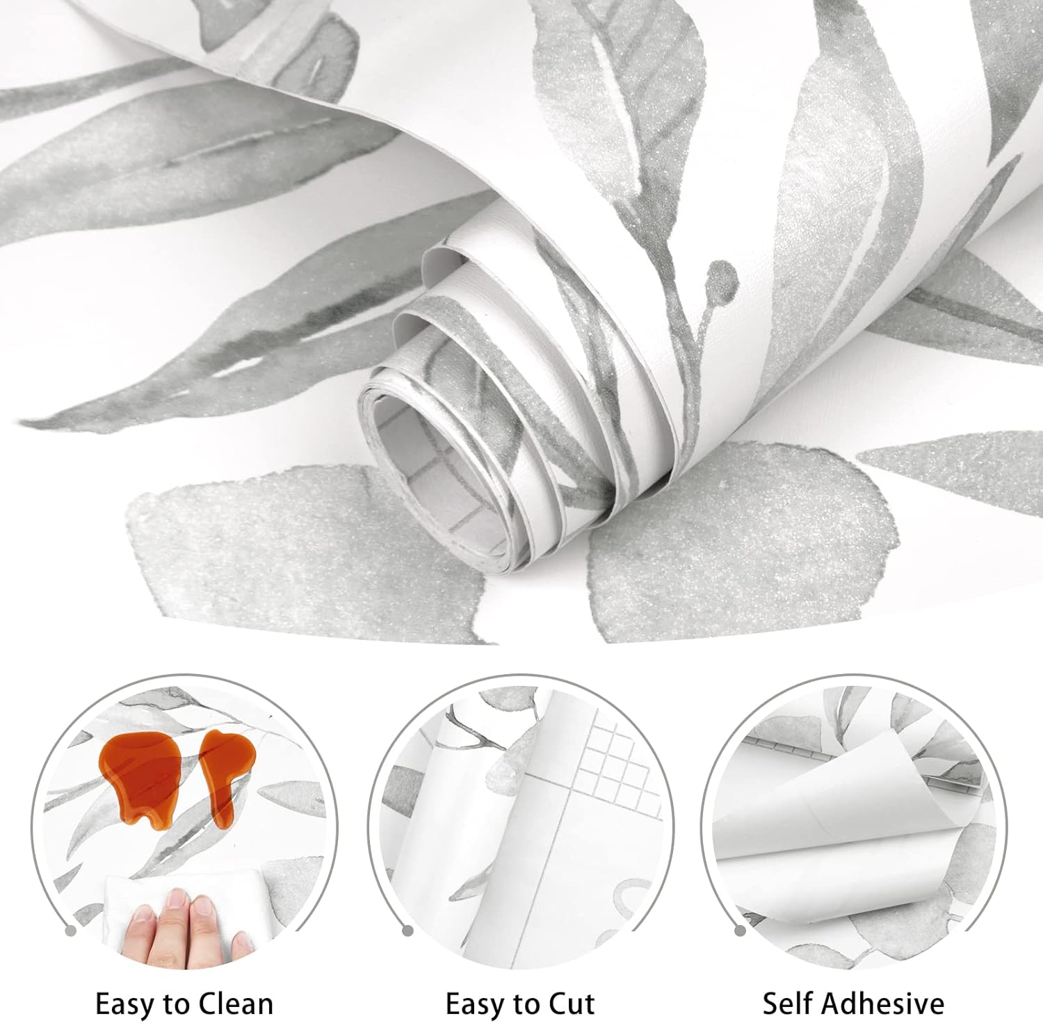 WENMER Gray Leaf Peel and Stick Wallpaper - 17.7" x 394" Self-Adhesive Watercolor Leaves Peel and Stick Removable Floral Contact Paper for Cabinets and Wall Decor