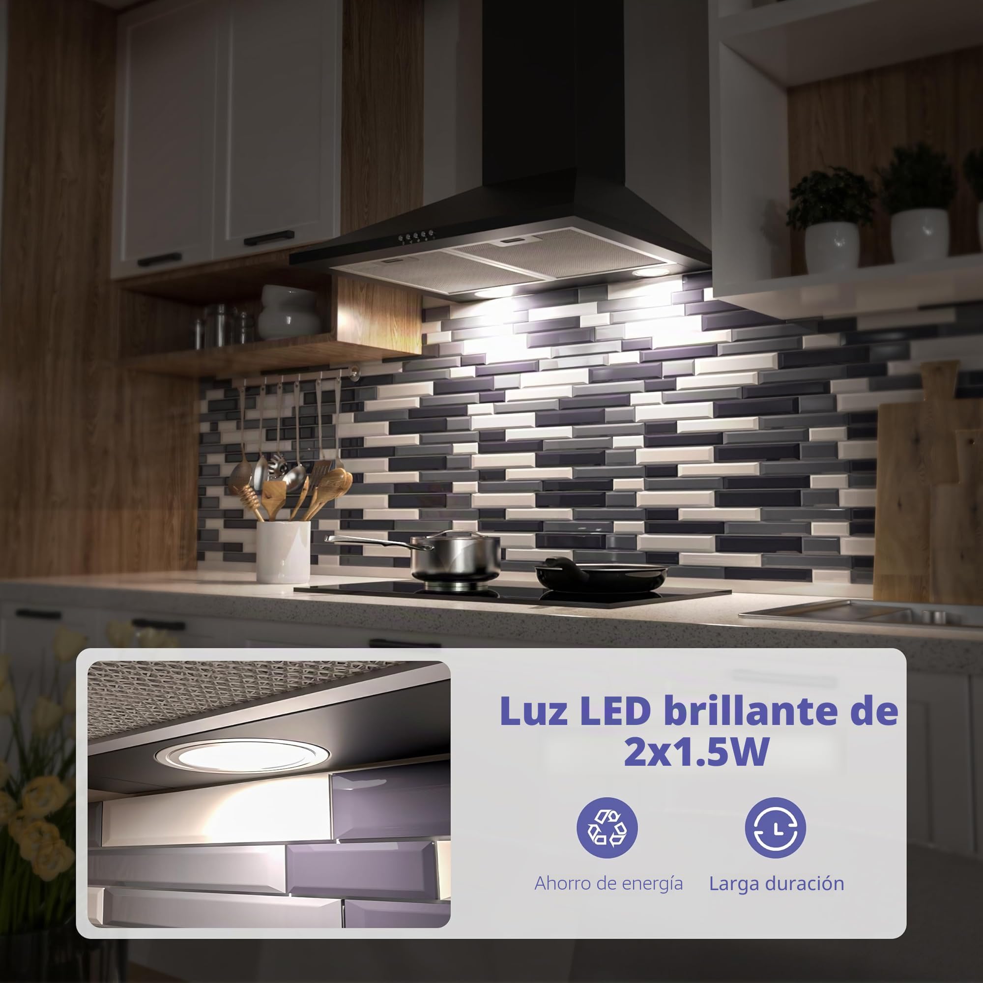 FIREGAS Campana extractora 60cm, Motor sin escobillas, 3 velocidades, 352m³/h, Canalizado y Recirculación, Iluminación LED, Filtro de carbón incluida, Clase A++ Campana decorativa Negra