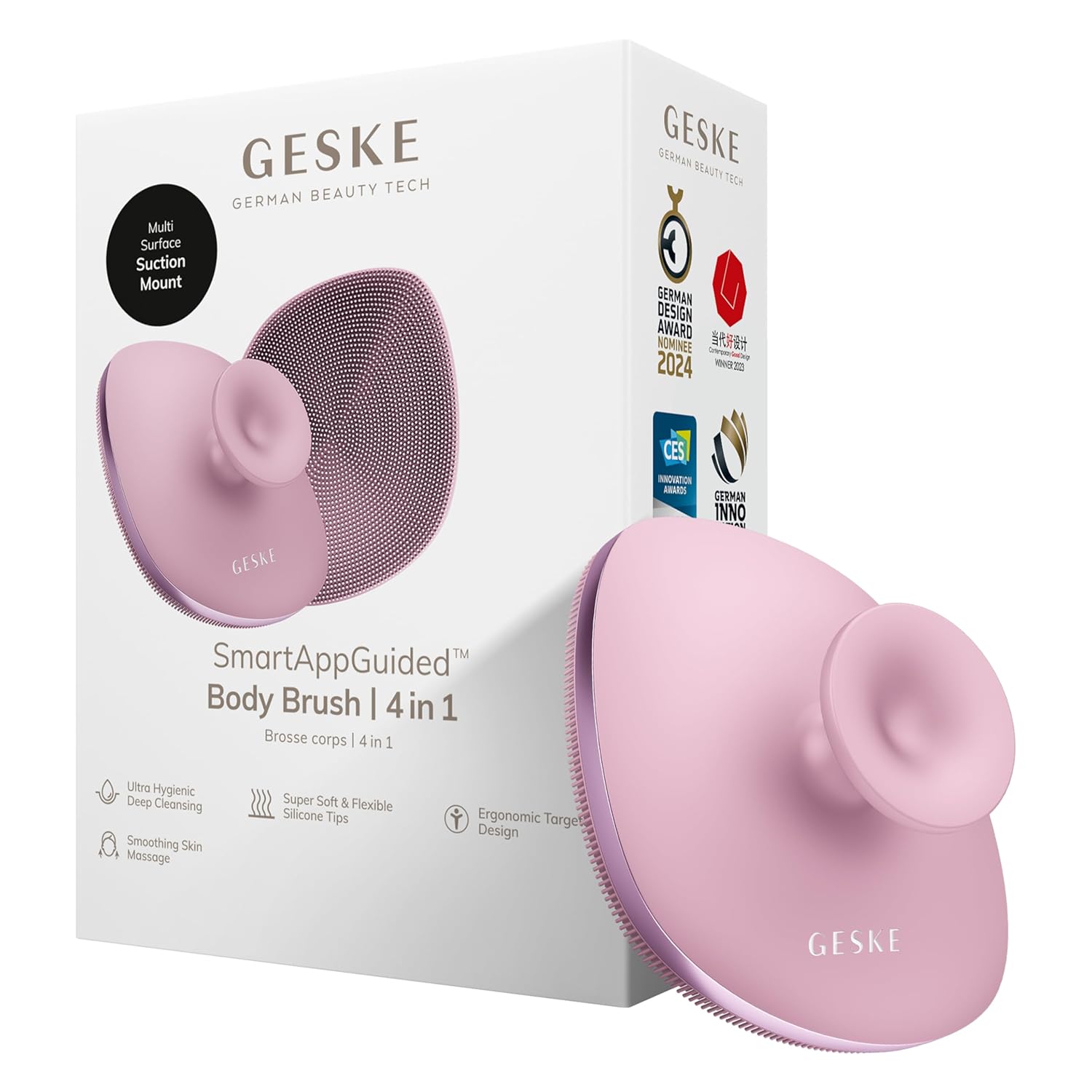 GESKE Body Brush | 4 in 1 | Design with Metal Ring | Cleansing Brush for The Entire Body | Professional Deep Cleaning | Soft Silicone Bristles | Ergonomic Two-Finger Design
