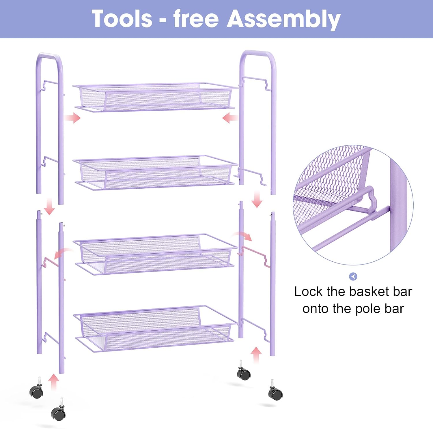 TOOLF 4 Tier Rolling Cart, Metal Utility Storage Cart with Wheels, Purple image 5