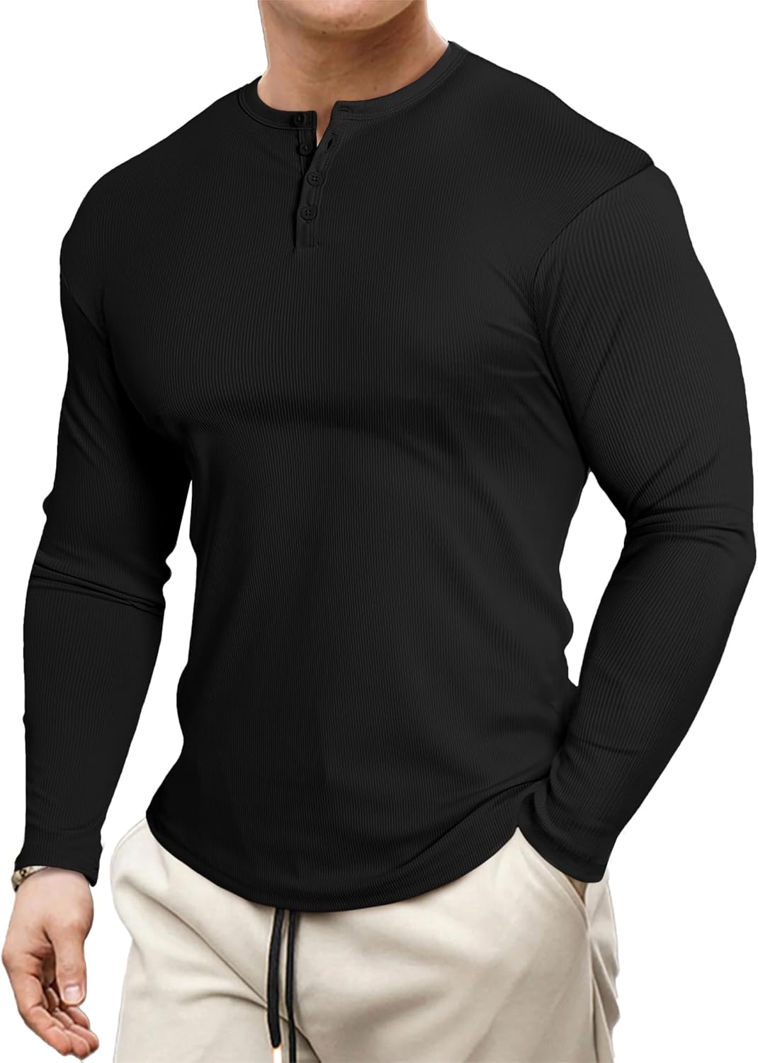 JMIERR Mens 2025 Fall Fashion Casual Henley Shirt Long Sleeve Slim Fitted Shirts Curved Hem for Athletic Gym Workout - Image 4
