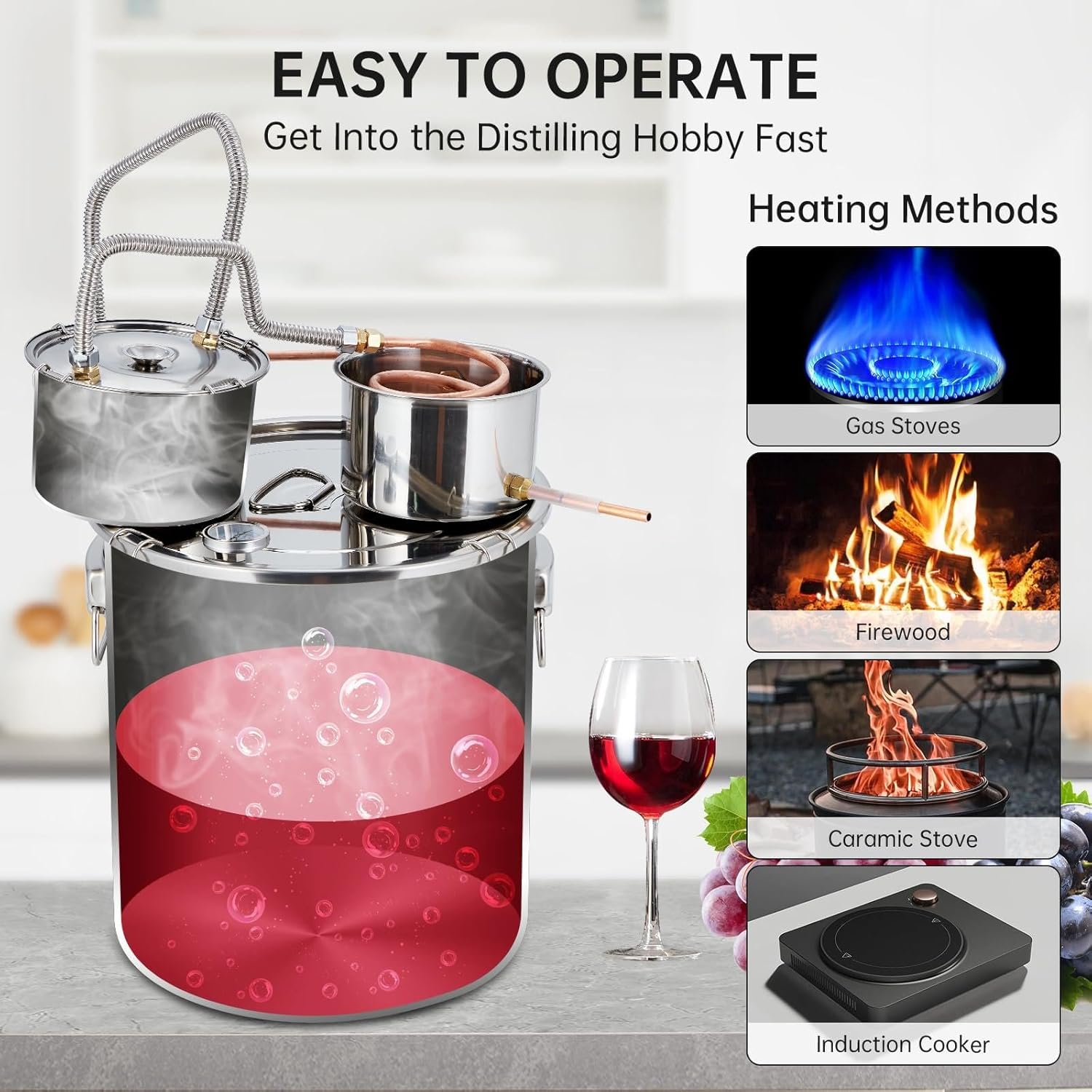 "13.2Gal/50L Alcohol Still Kit with Real-time Thermometer, Copper Tube, Rapid Cooling - DIY Whisky Wine Brandy Making, Versatile Application"