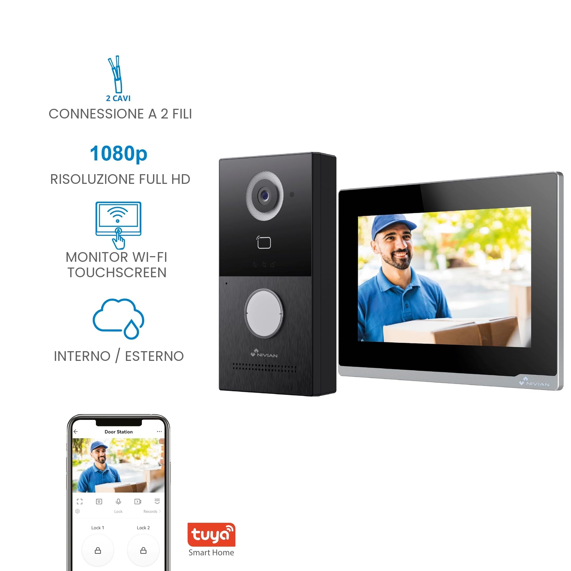 NIVIAN Videocitofono WiFi Intelligente Full HD con Monitor Touch 7", Installazione 2 Fili, Telecamera da Esterno 1080P IP65, Audio Bidirezionale, Registrazione MicroSD e Controllo Remoto App Tuya