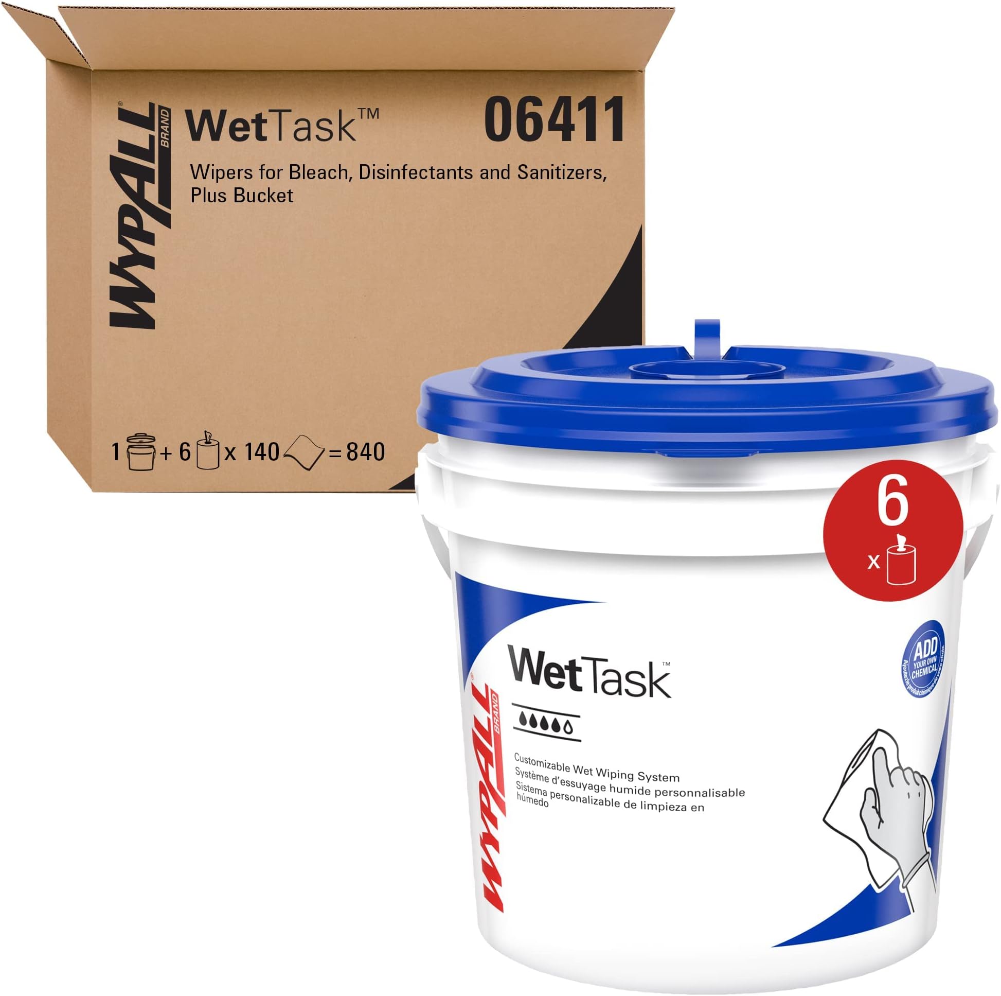 WypAll CriticalClean WetTask Wipes for Bleach, Disinfectants, and Sanitizers (06411), Center-Pull, White, Bucket Included (140 Sheets/Roll, 6 Rolls, 840 Sheet Total)