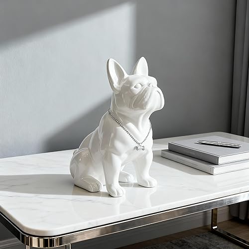 Miniatura 9 de Estatua de bulldog francés, estatua de perro sentado de resina de pug blanco, escultura de decoración del hogar, decoración de escritorio de sala de