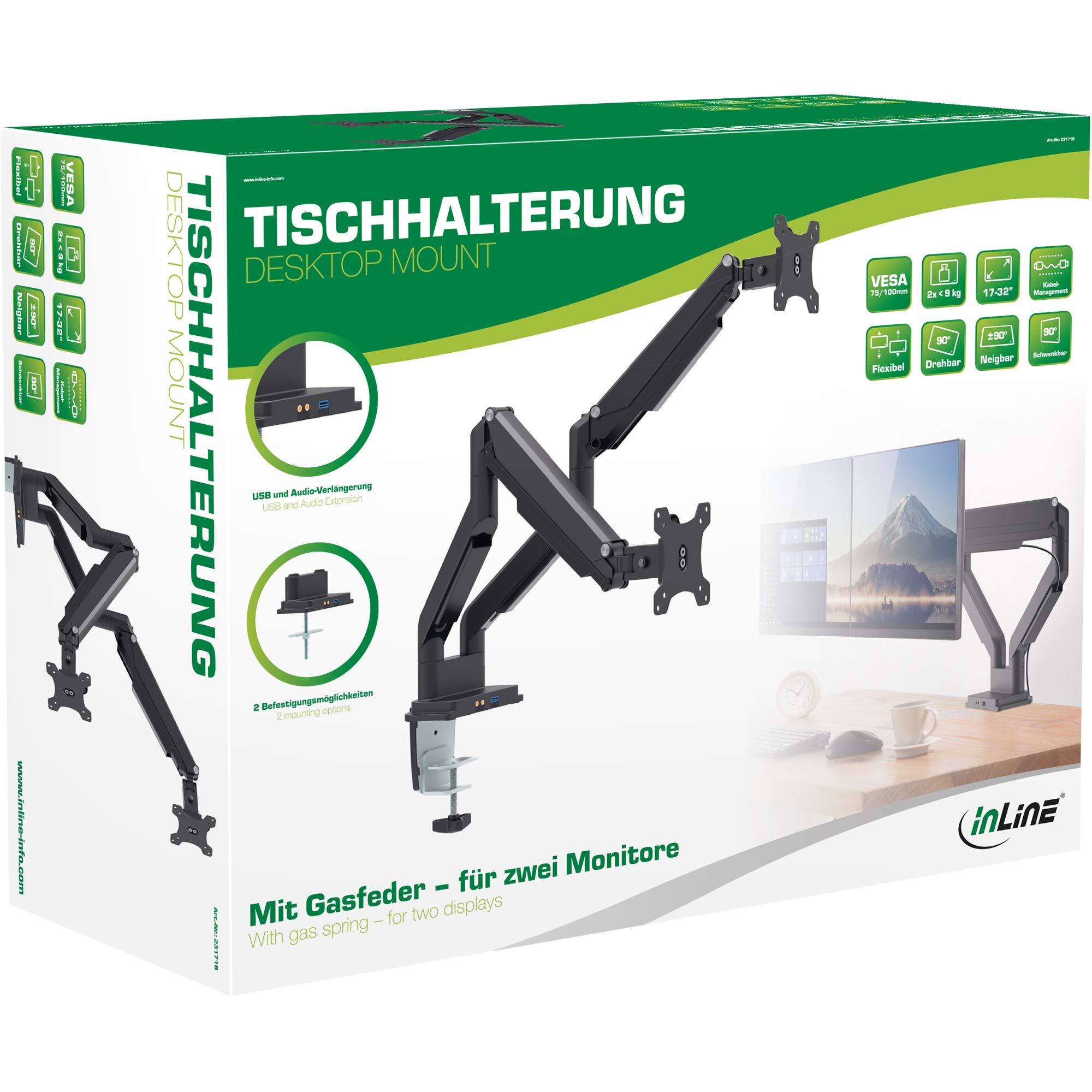 InLine® Bureauhouder met lifter, beweegbaar, voor twee monitoren tot 82